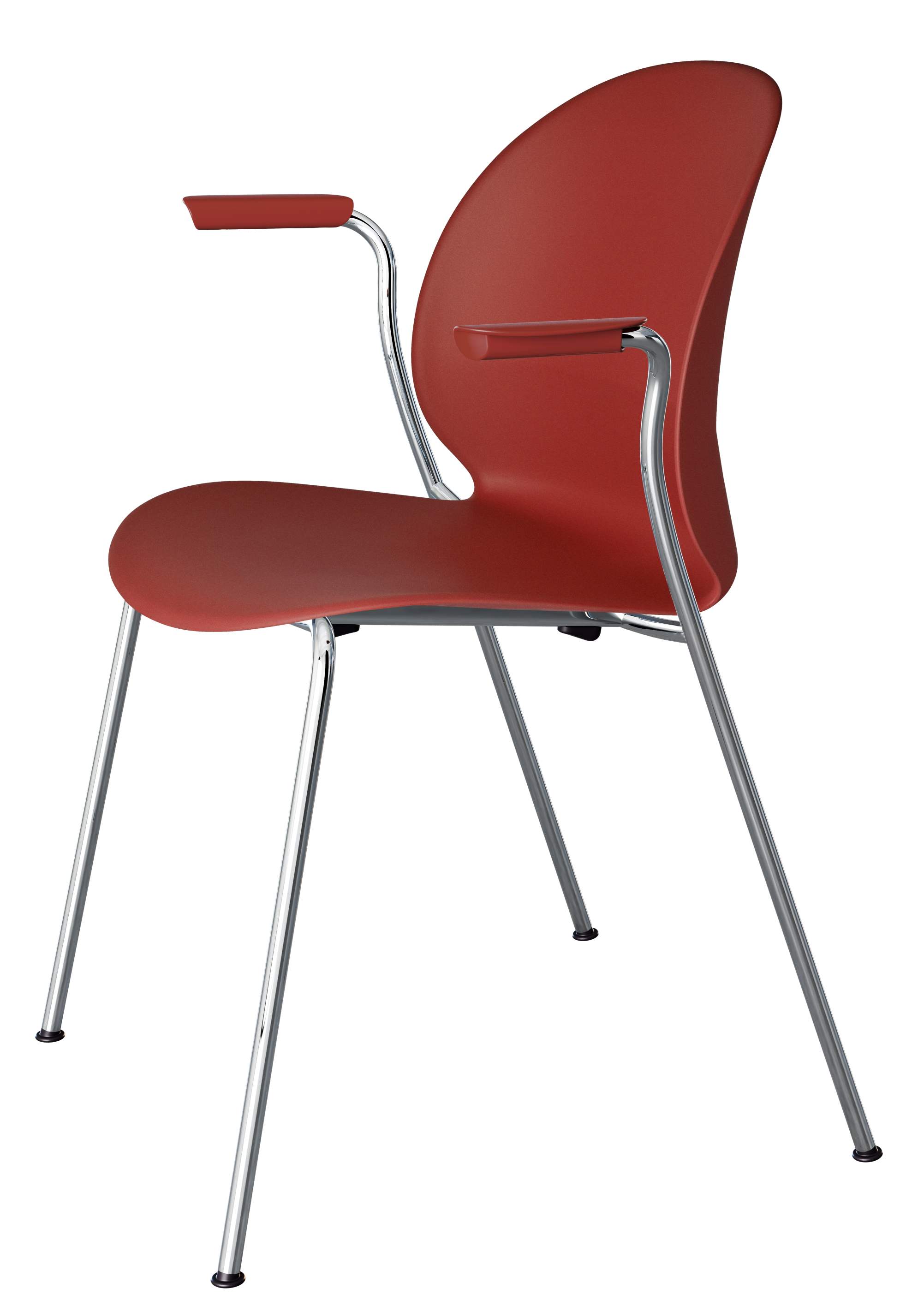 Fritz Hansen N02 Recycle Stuhl in Rot mit Armlehnen und verchromtem Stahlgestell, seitliche Ansicht.
