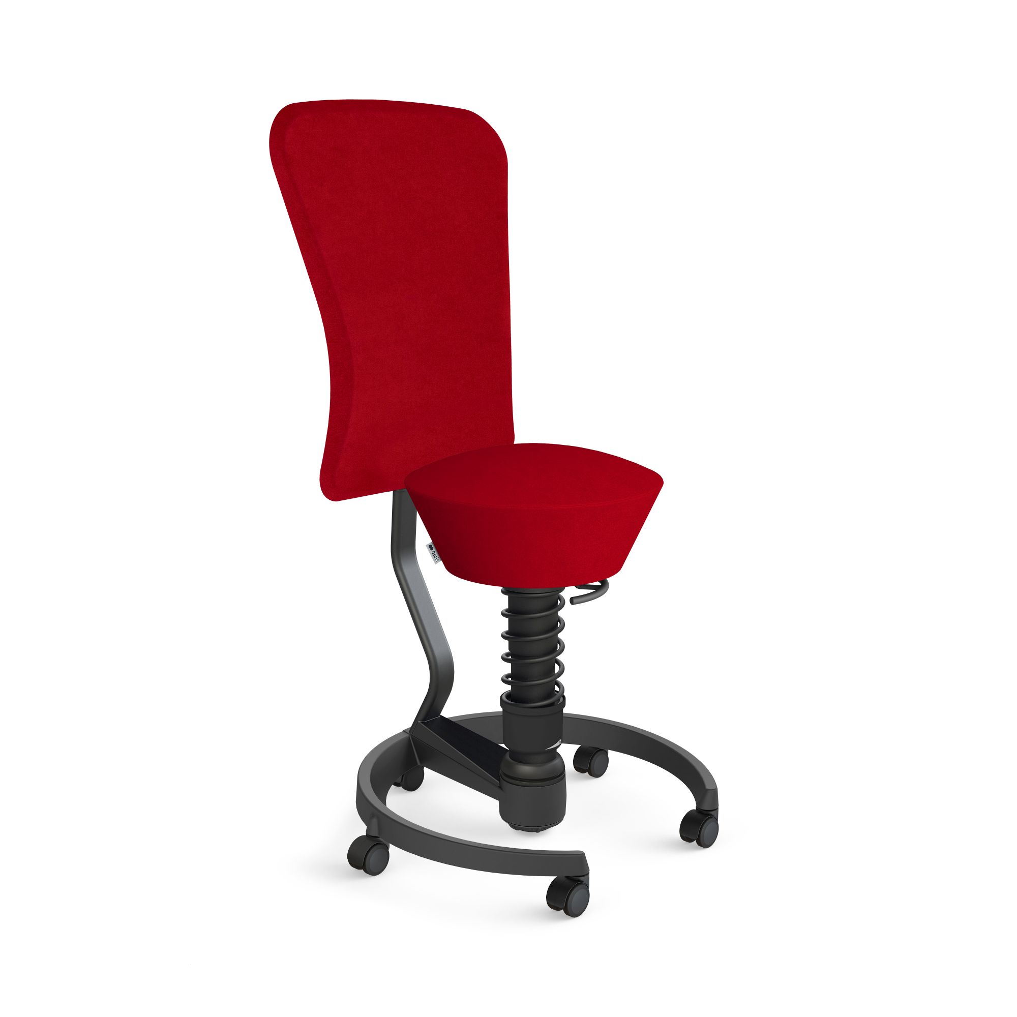 Roter Bürostuhl mit Federung und Rollen, ergonomischer Hocker für dynamisches Sitzen im Büro.