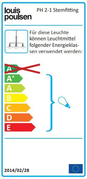 Energielabel für Louis Poulsen PH 2/1 Pendelleuchte: Energieeffizienzklasse, Leuchtmittel-Informationen für nachhaltige Beleuchtung.