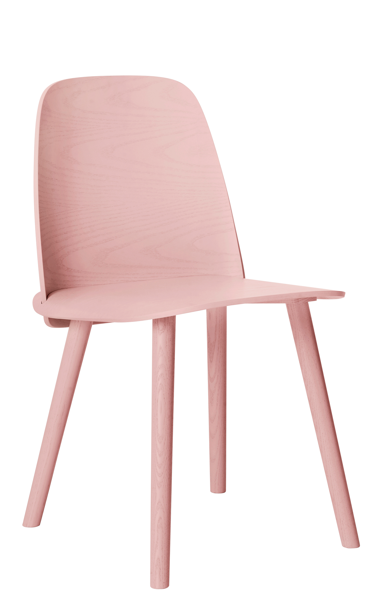 Muuto Nerd Chair Stuhl, hellrosa Holzstuhl mit abgerundeter Sitzfläche und Rückenlehne, skandinavisches Design.