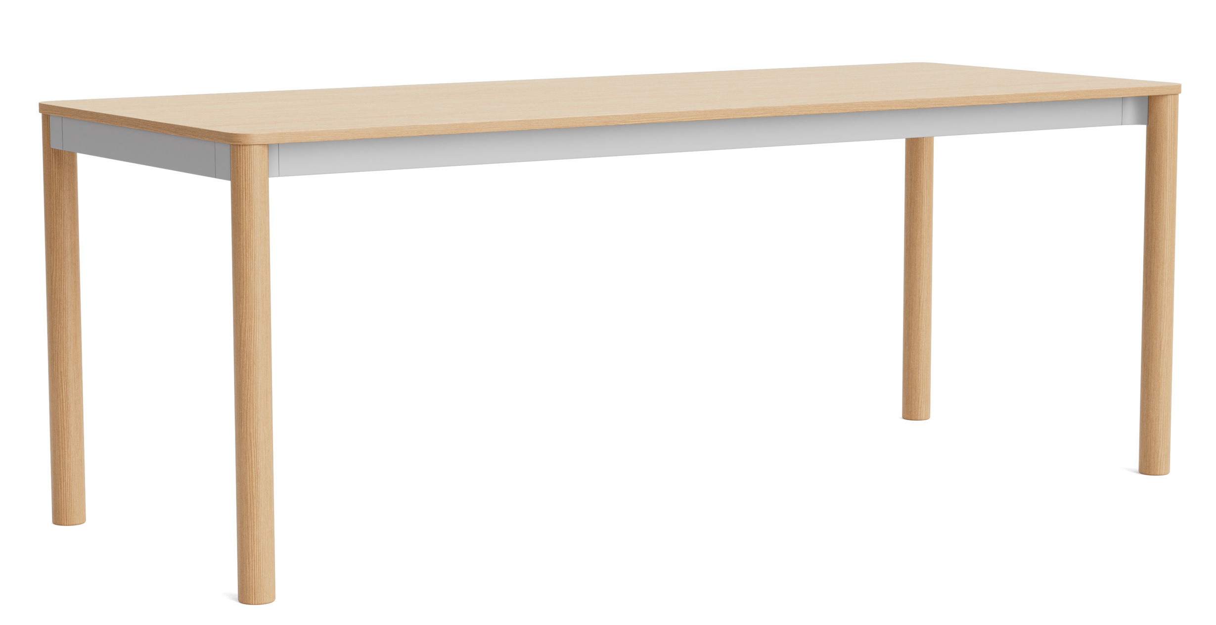 Annex Table Flush Esstisch von Hay, rechteckig, helle Tischplatte, graue Zarge und helle Holzbeine.