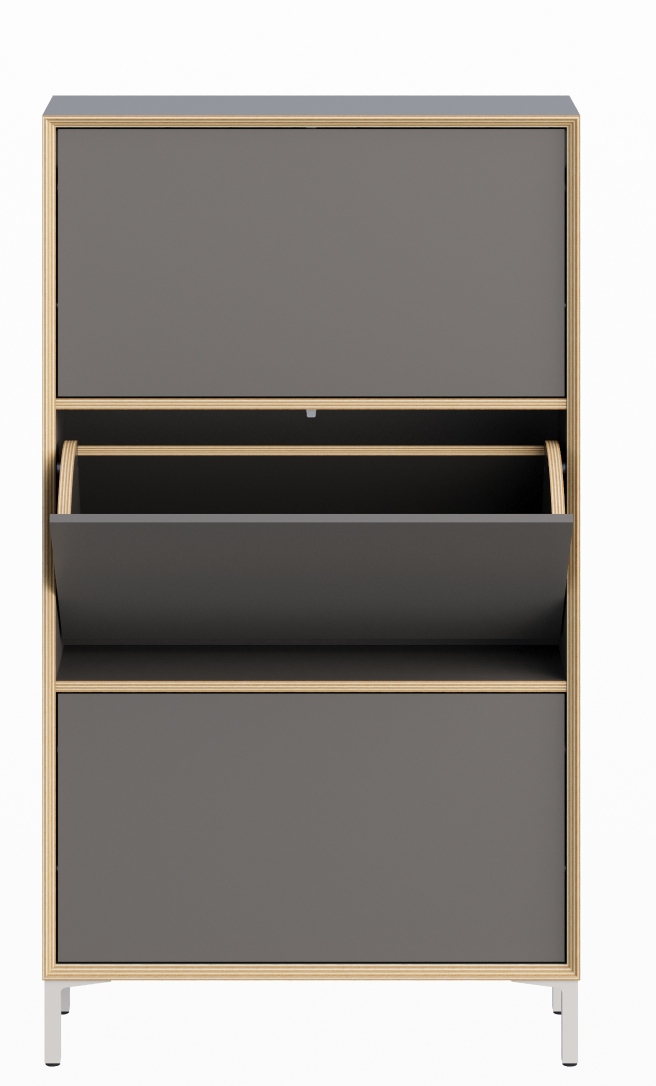 Vertiko Schuhschrank von Müller Möbelwerkstätten in Grau mit drei Fächern, eines davon geöffnet.