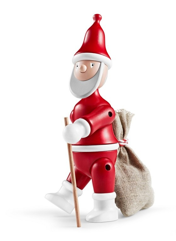 Kay Bojesen Weihnachtsmann Holzfigur mit roter Mütze, weißem Bart und Sack auf dem Rücken.