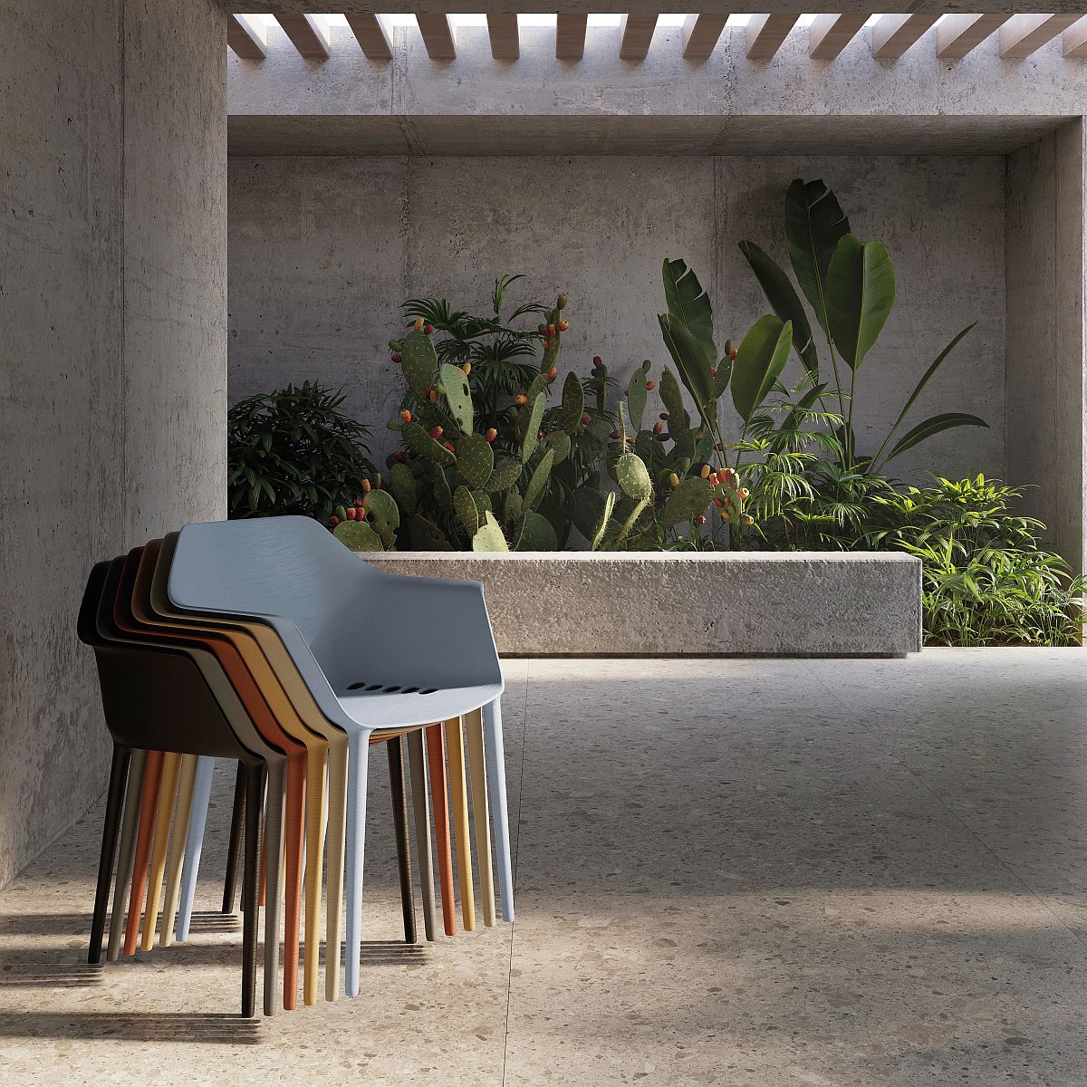 Stapelbare Gala Pure Eco Sessel von Andreu World in verschiedenen Farben für den Außenbereich.