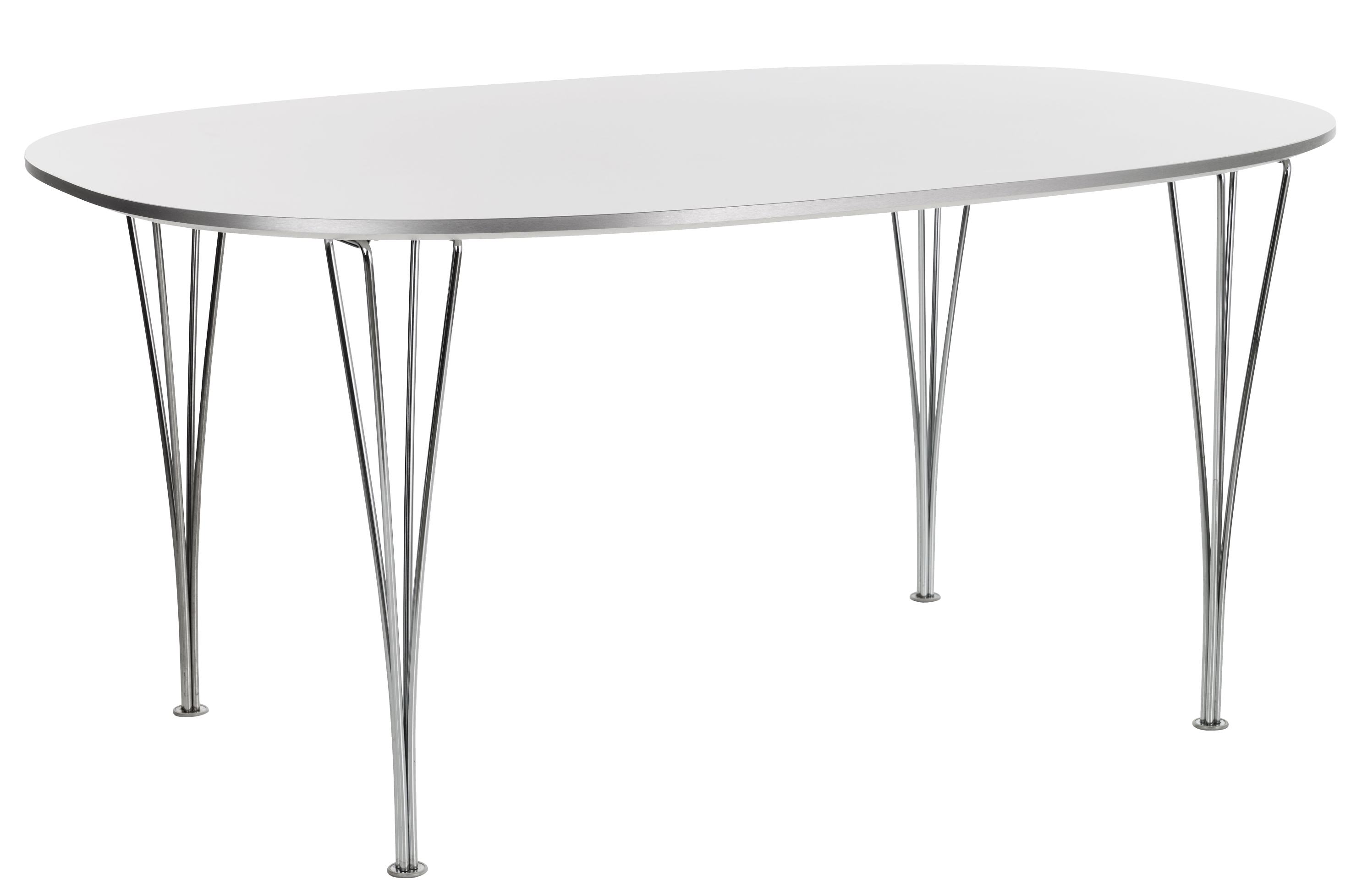Fritz Hansen Super Elliptisch Tisch mit weißer Tischplatte und verchromten Stahlbeinen.