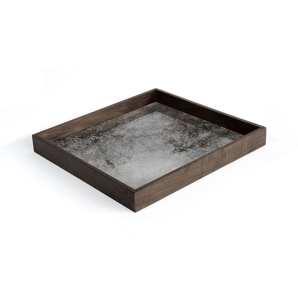 Ethnicraft Tray Tablett für Couchtisch, quadratisch, mit Spiegelglas-Einsatz und dunklem Holzrahmen, Einzelstück.