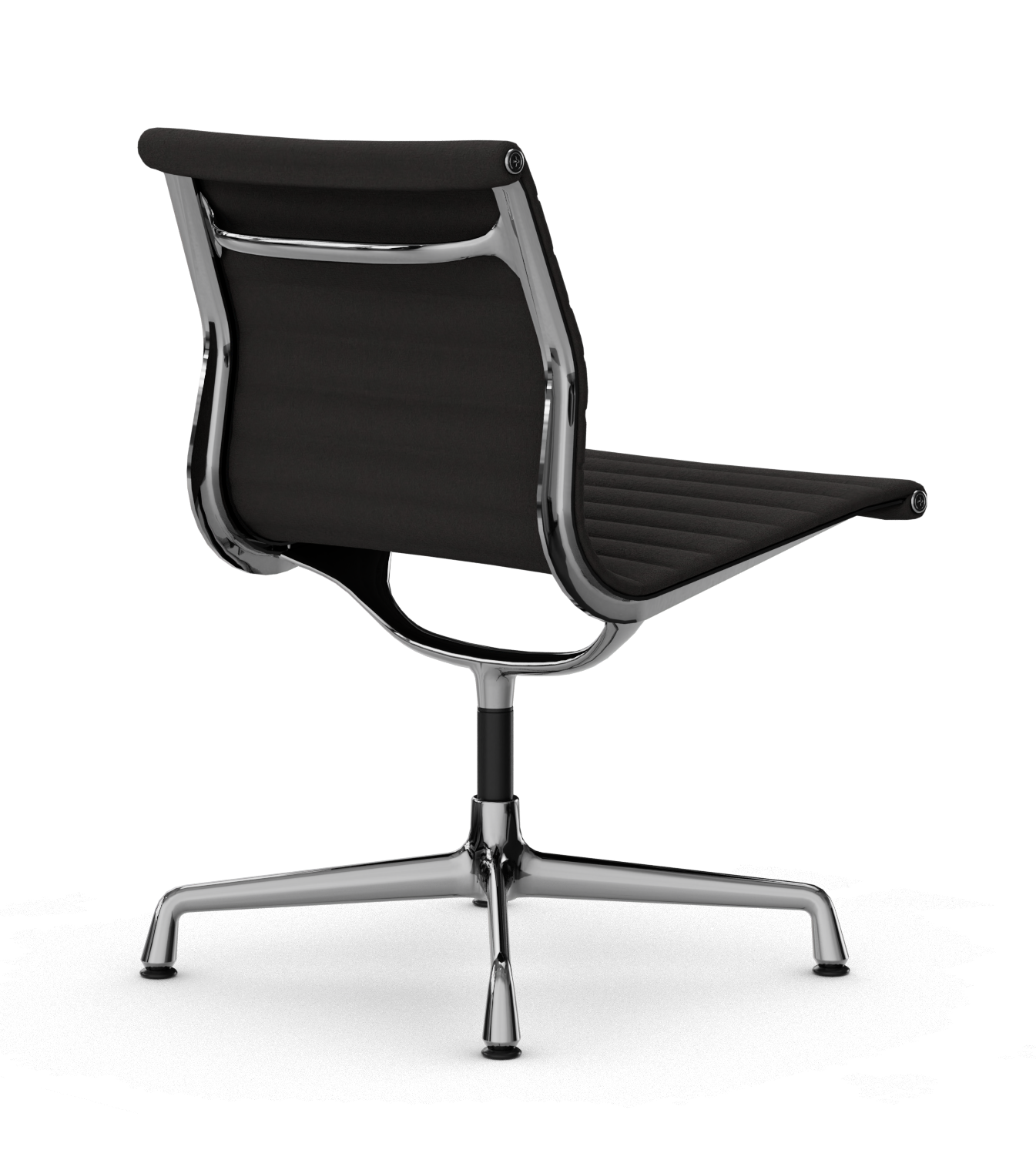 Rückansicht des Vitra Aluminium Chair EA 105 mit schwarzer Polsterung und verchromtem Aluminiumgestell.