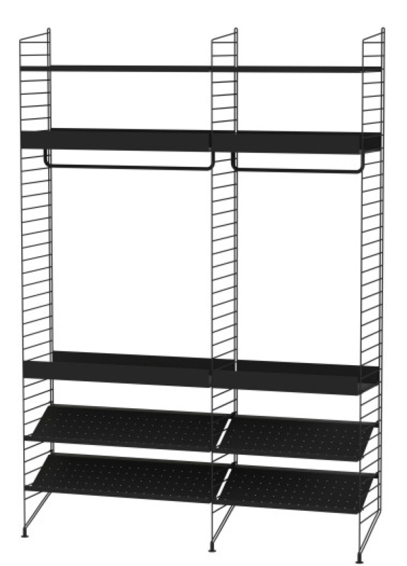 Schwarzes String Regalsystem für Schlafzimmer mit Regalböden und Kleiderstange. Modulares Bodenregal.