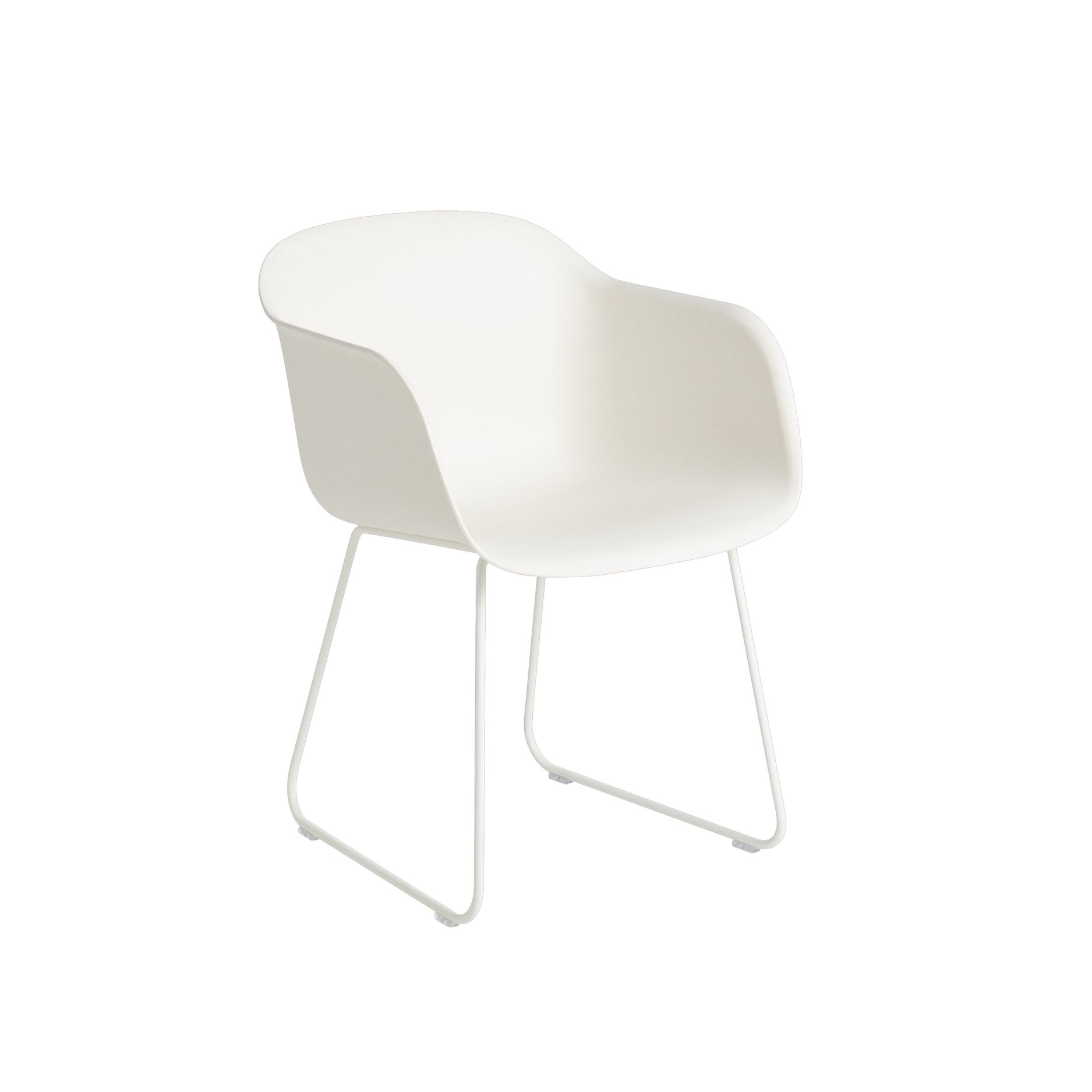 Weißer Fiber Armchair von Muuto mit Armlehnen und Kufengestell, moderner Designstuhl für Esszimmer und Büro.