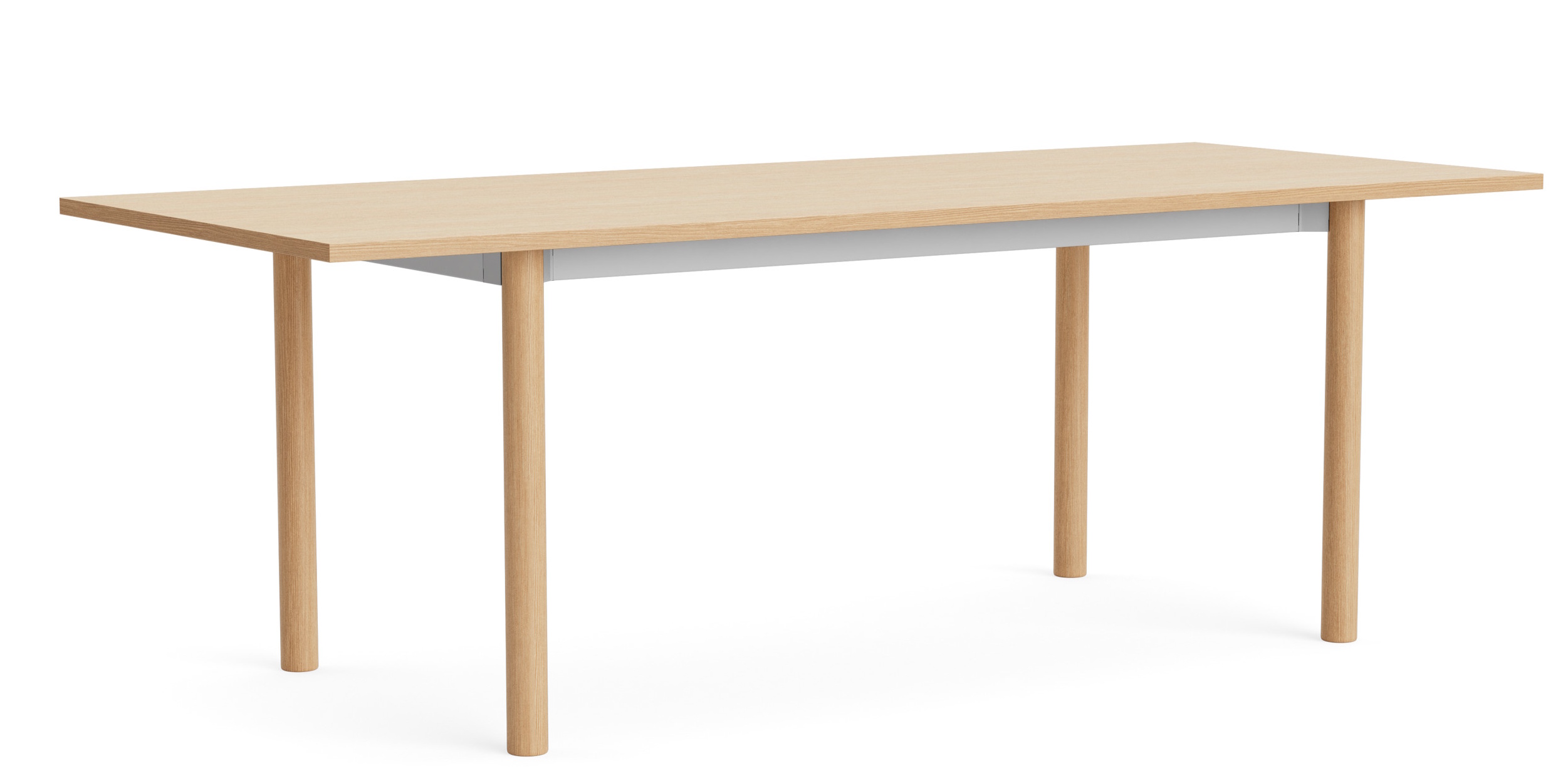 Annex Table Overhang Esstisch von Hay aus hellem Holz mit minimalistischem Design und runden Beinen.