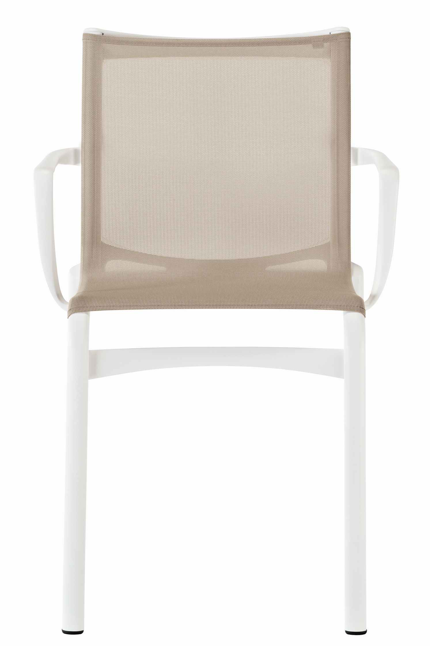 Bigframe Stuhl mit Armlehnen, weißem Gestell und beigem Netzgewebe, moderner Designstuhl für Esszimmer und Terrasse.