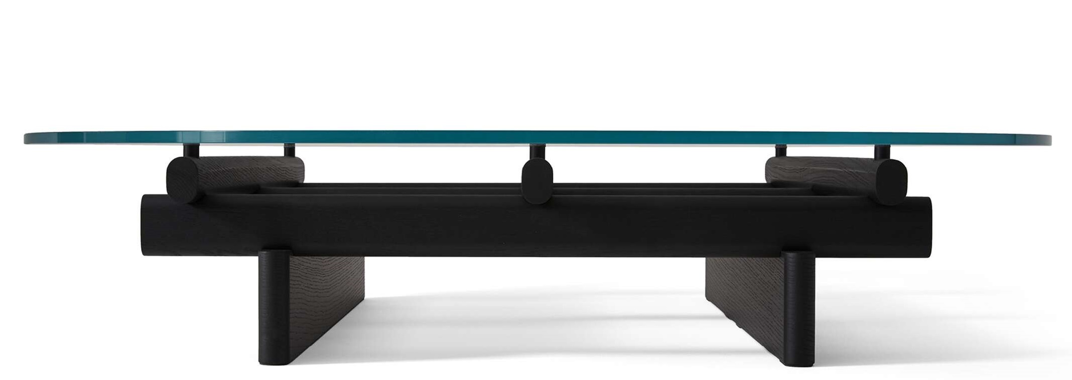 Cassina Couchtisch Sengu 564 aus schwarzem Holz mit türkisfarbener Glasplatte, modernes Wohnzimmer-Möbel.