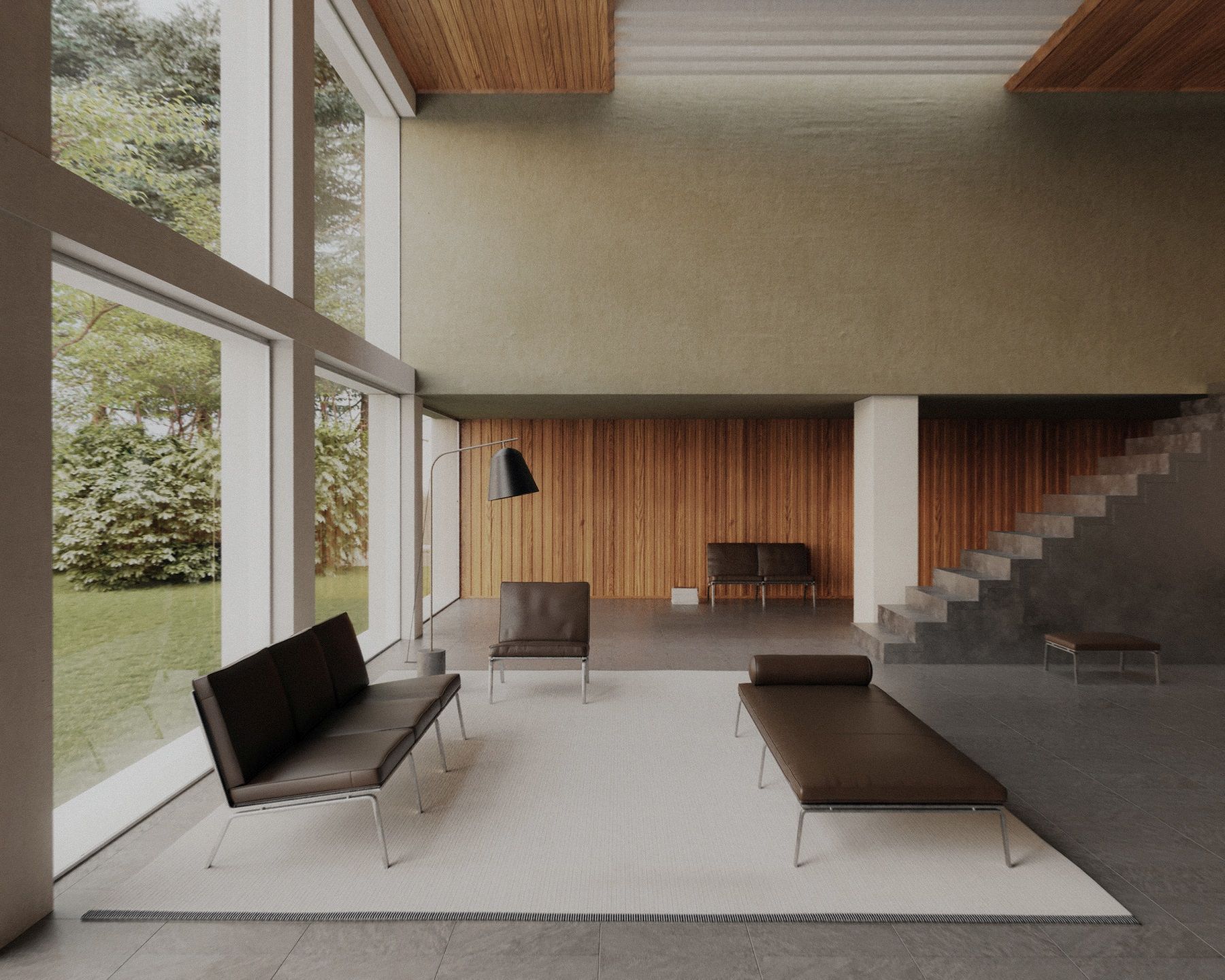 Man Daybed Tagesbett von NORR11 in modernem Wohnzimmer mit Ledersofa, Liege und großem Fenster.