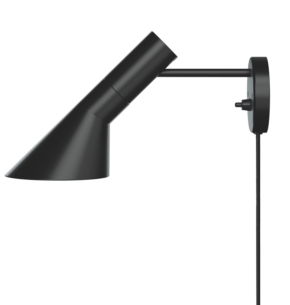 Schwarze AJ Wandleuchte von Louis Poulsen, eine moderne Innenleuchte mit schwenkbarem Lampenkopf und Kabel.