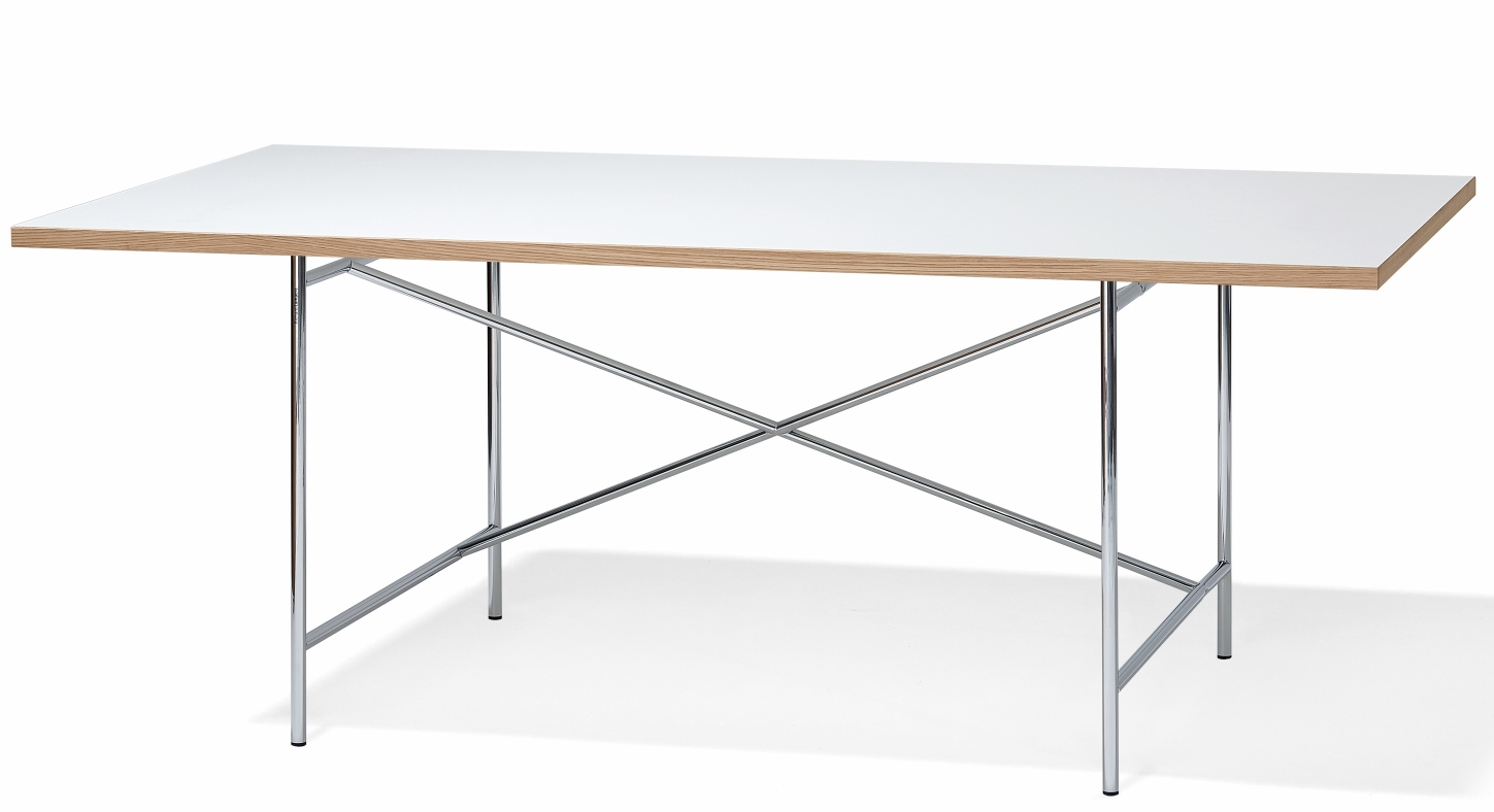 Eiermann Tisch mit weißer Tischplatte und verchromtem Stahlgestell, Designklassiker von Richard Lampert.