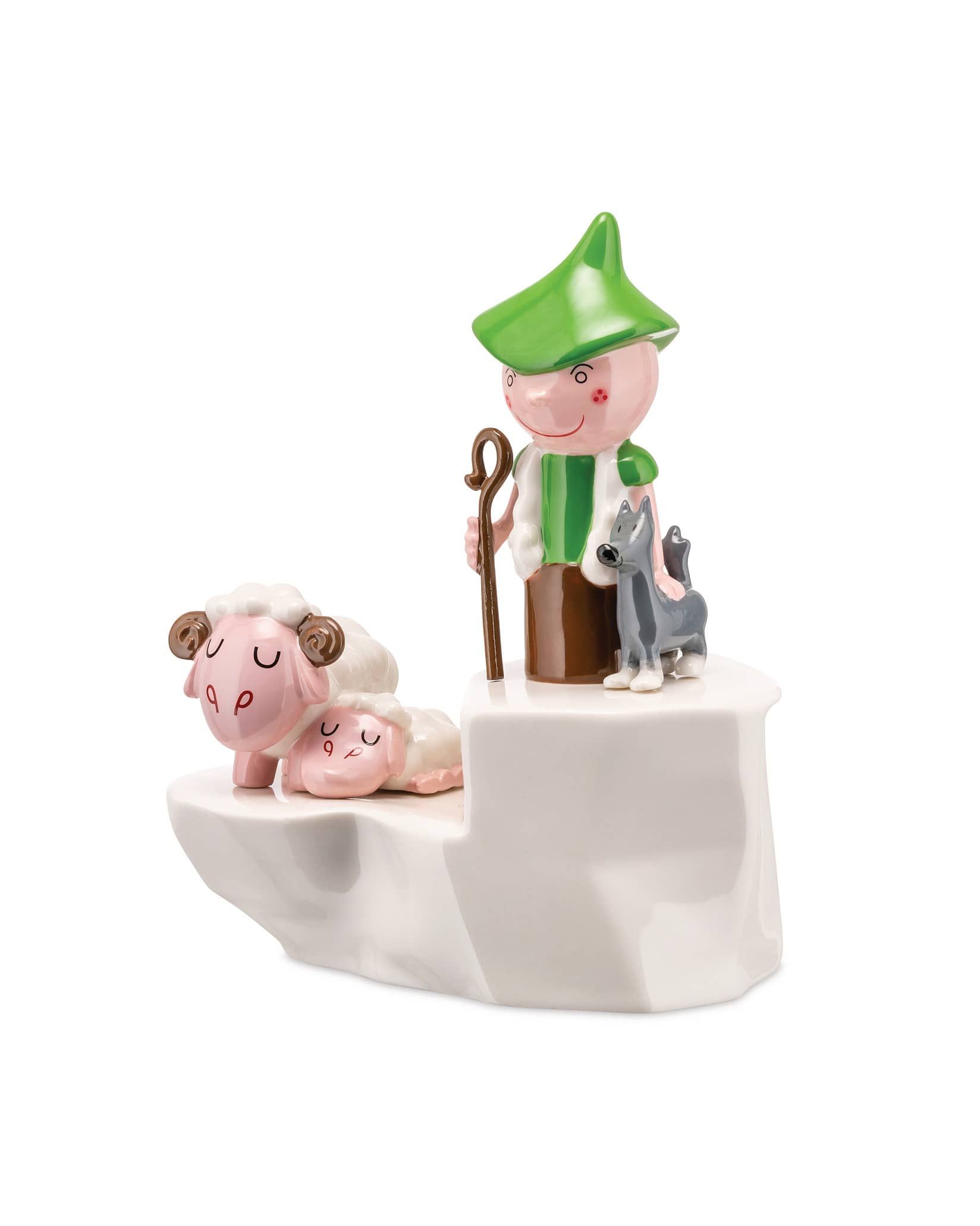 Alessi Pisoletti Figur: Schäfer mit Schafen und Hund, dekorative Porzellanfigur für Sammler.