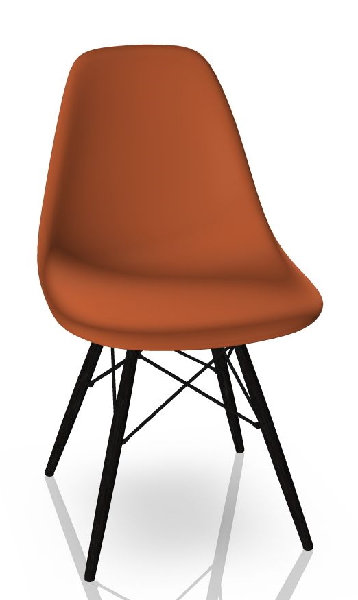 Eames Stuhl DSW Vitra mit Ahorn-Gestell und rostorangefarbener Sitzschale. Designklassiker für Esszimmer.