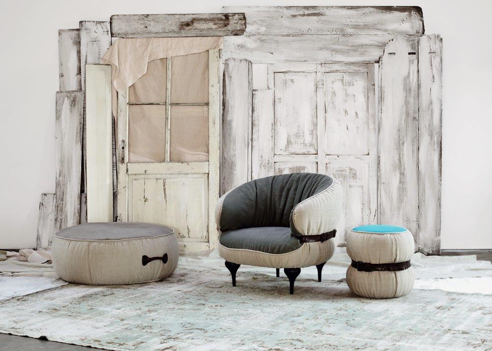 Chubby Hocker von Moroso Diesel, runder Sitzhocker in Beige und Grau, modernes Wohnaccessoire.