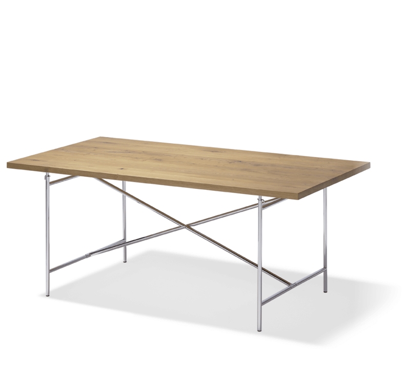 Eiermann Tisch mit Massivholzplatte und verchromtem Stahlgestell. Designklassiker für Büro und Wohnbereich.