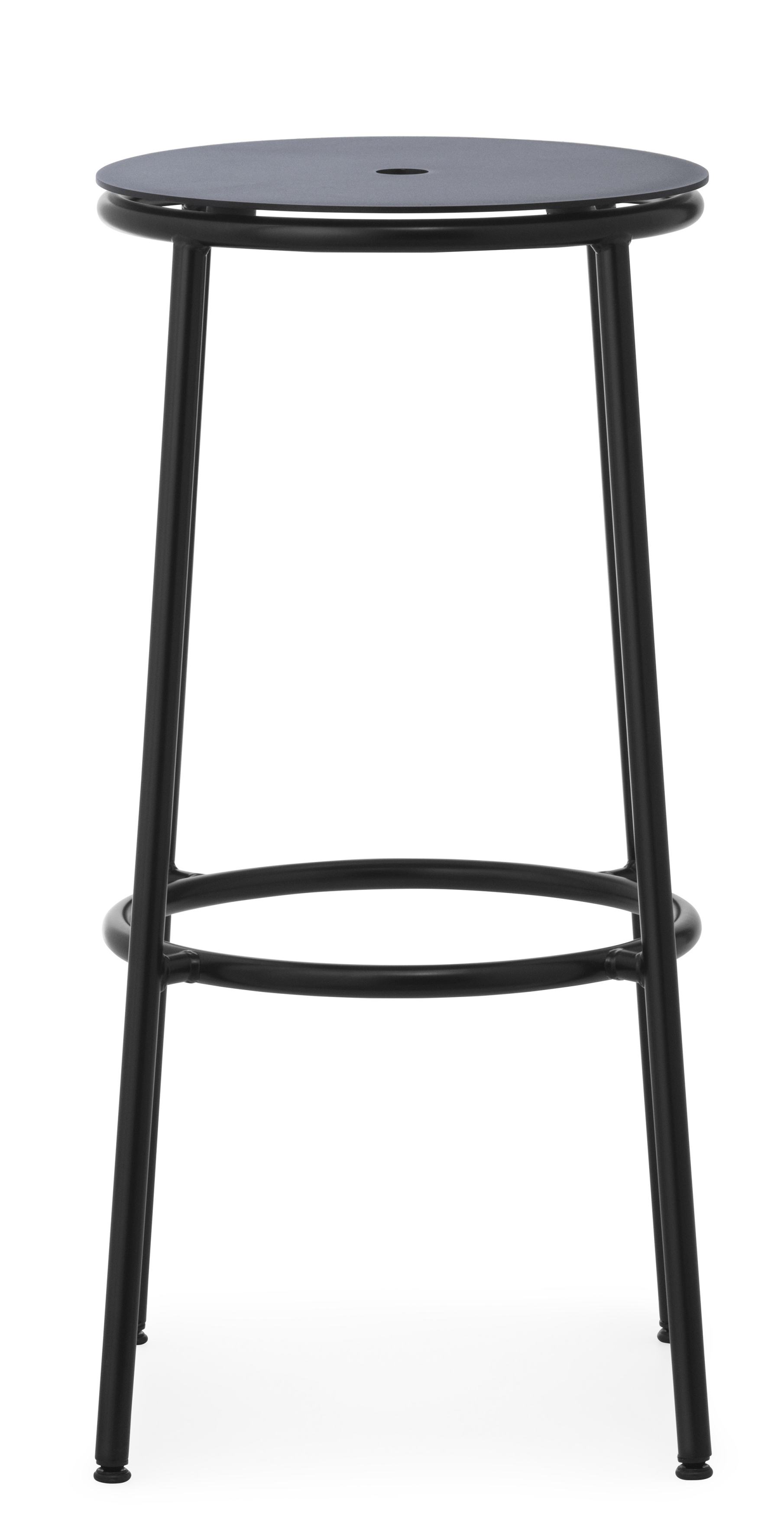 Circa Barstuhl H 75 cm von Normann Copenhagen, minimalistischer, schwarzer Metall-Barhocker mit runder Sitzfläche.