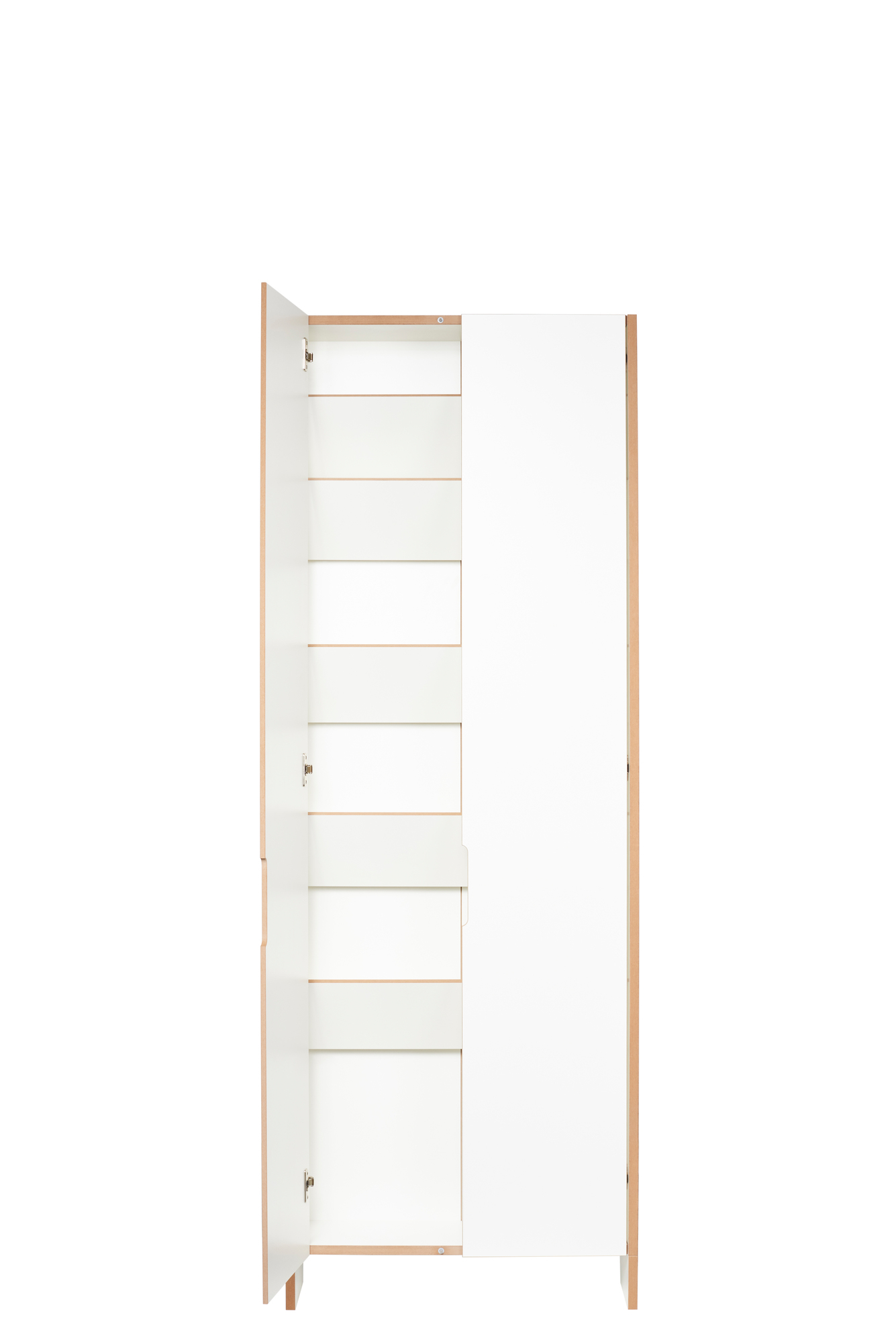 Offener, weißer Tojo Schuhschrank mit Regalböden und hellem Holzrahmen, ideal zur Schuhaufbewahrung.