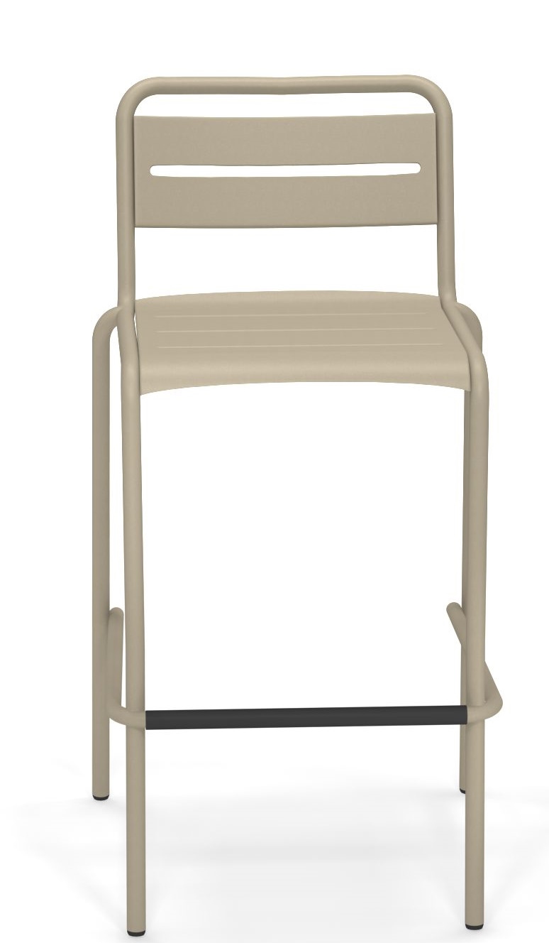 Star Barstool Barhocker von Emu für den Außenbereich, beige Metallgestell mit Fußstütze, Frontansicht.
