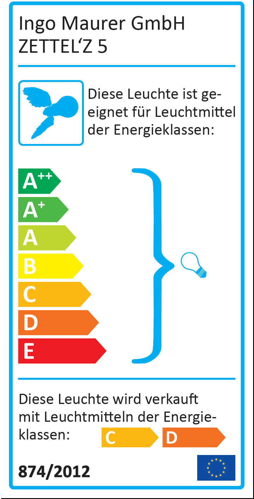 Energieeffizienzlabel der Ingo Maurer Zettel'z 5 Hängeleuchte, geeignet für Leuchtmittel der Energieklassen A++ bis E.
