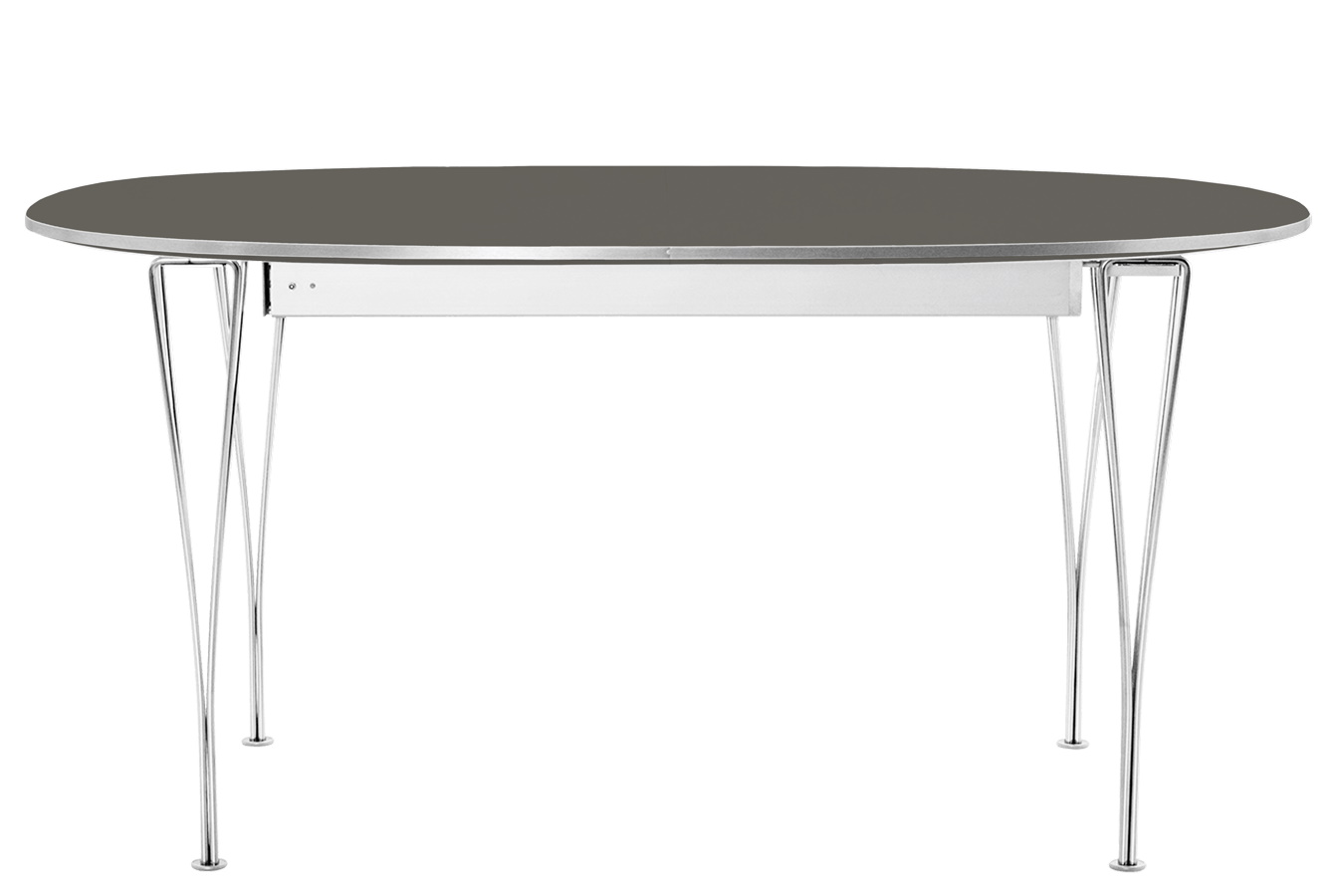 Fritz Hansen Super Elliptisch Ausziehtisch mit grauem Laminat und verchromtem Gestell, Frontansicht.