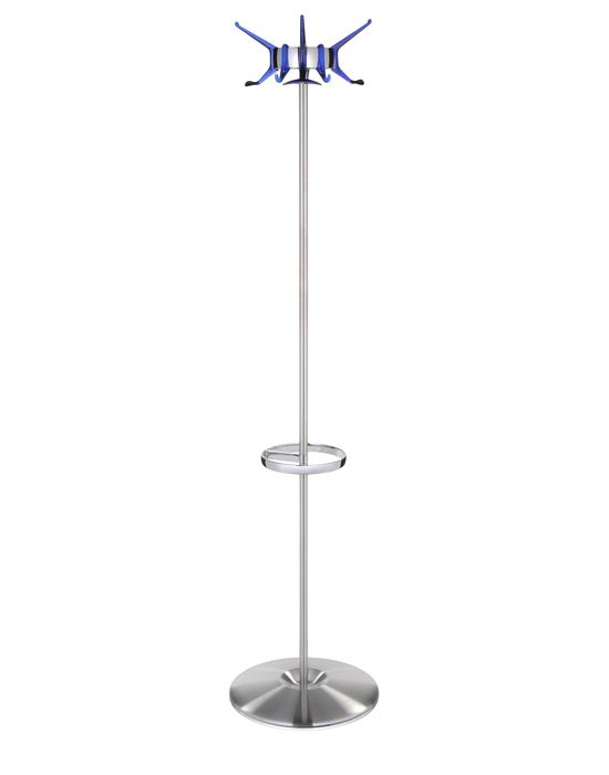 Silberner Kartell Hanger Garderobenständer mit blauem Huthalter und Schirmständer für Flur und Eingangsbereich.