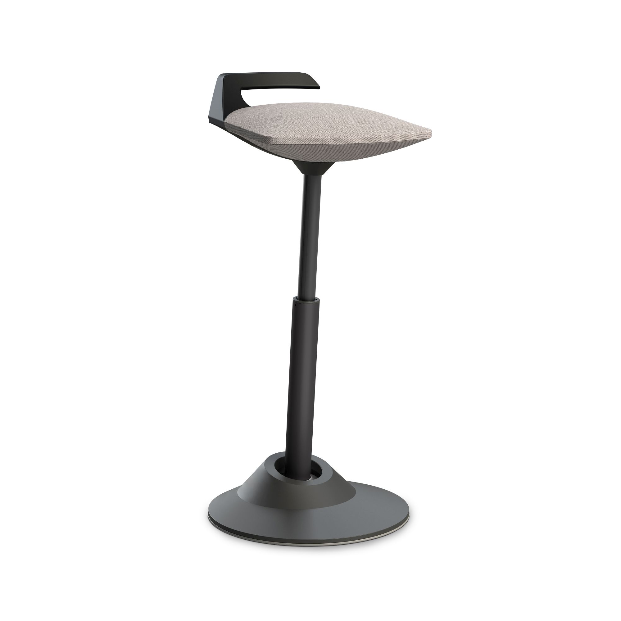 Ergonomischer Stehhocker in Grau mit verstellbarer Höhe und gepolsterter Sitzfläche für Büro und Zuhause.