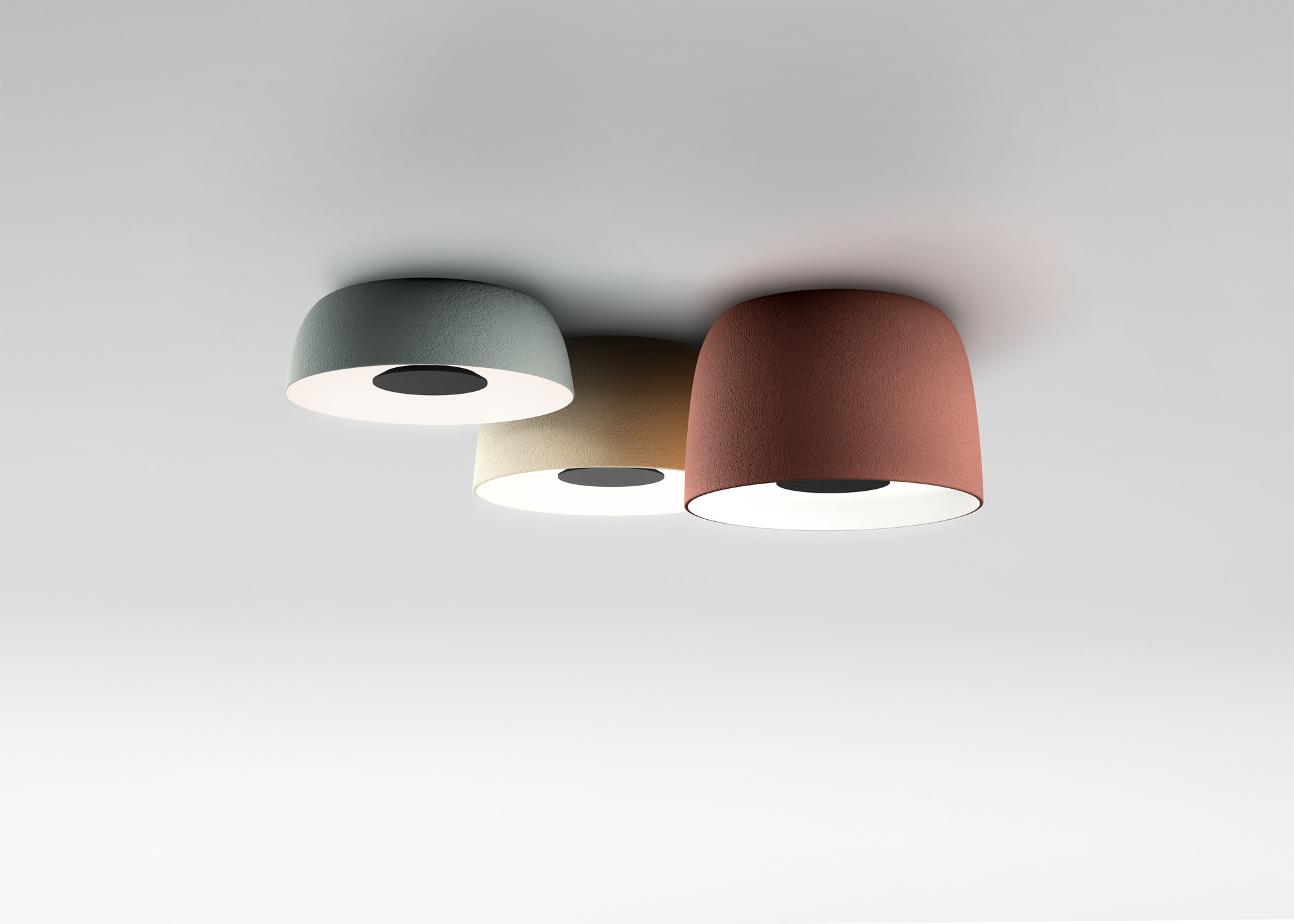 Drei Djembé Deckenleuchten in Himmelblau, Beige und Rotbraun, moderne LED-Deckenlampe für Wohnräume.