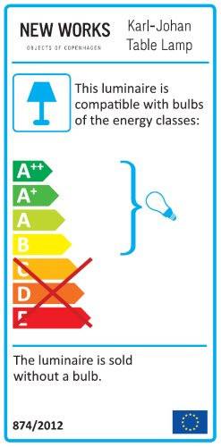 Energieeffizienzlabel der Karl-Johan Tischleuchte von New Works, kompatible Energieklassen A++ bis B, ohne Leuchtmittel.