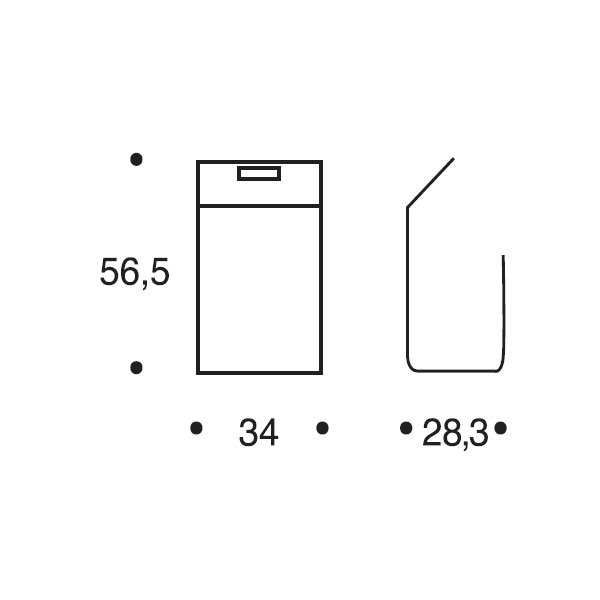 Technische Zeichnung eines Abfallbehälters mit den Maßen 56,5 x 34 cm und eines Halters mit 28,3 cm.