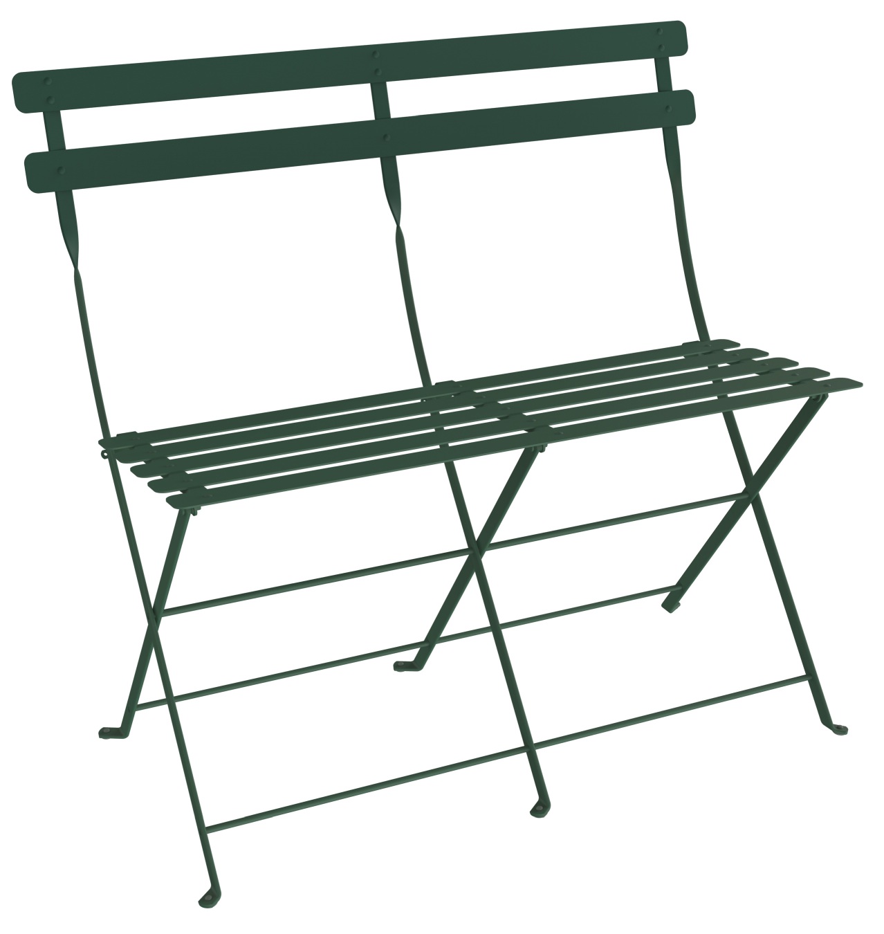 Grüne Fermob Bistro Klappbank für zwei Personen, ideal für Garten, Balkon oder Terrasse.