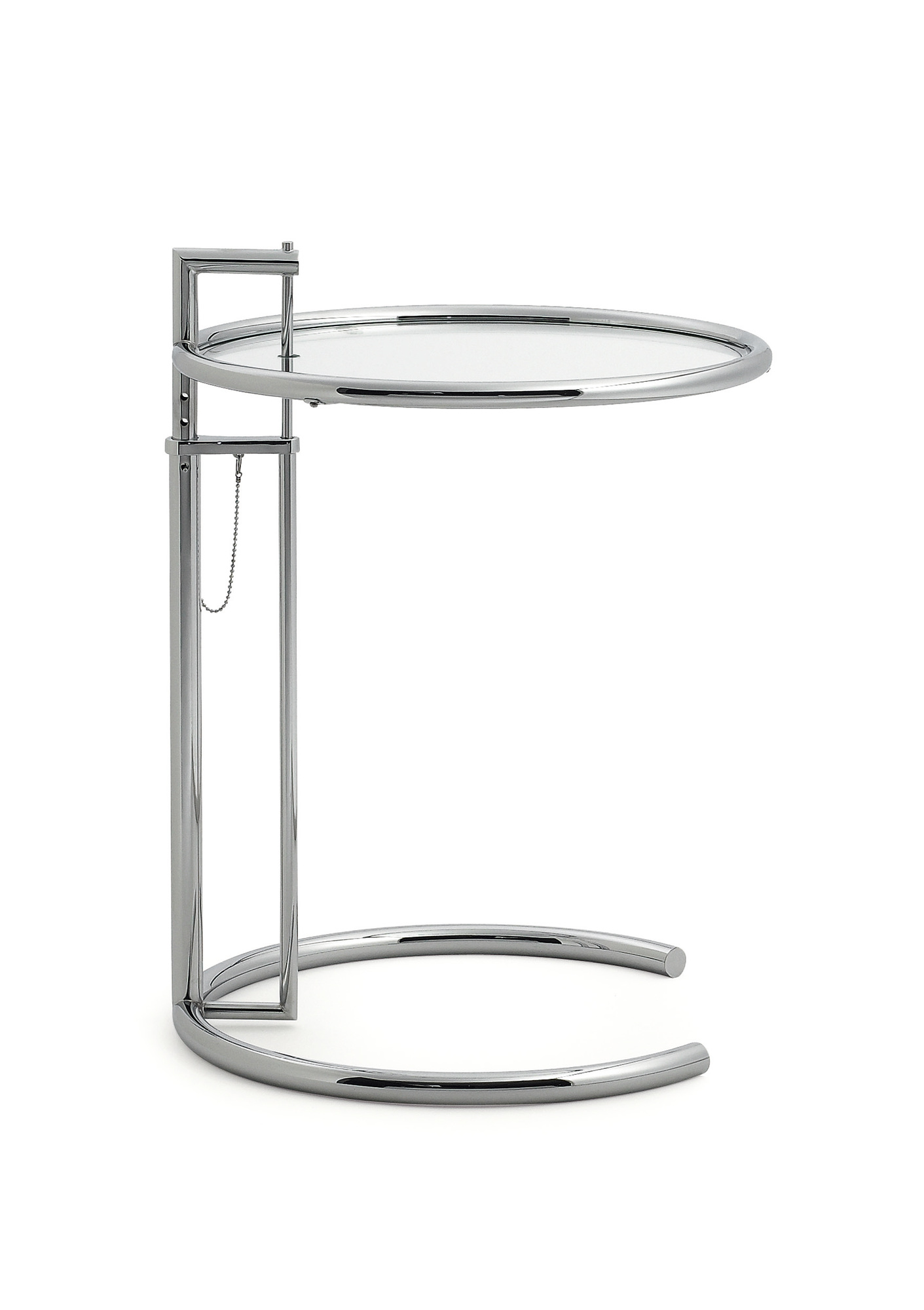 ClassiCon E1027 Beistelltisch mit Glasplatte und verchromtem Gestell, höhenverstellbarer Design Klassiker.