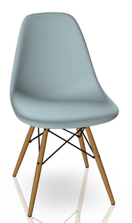 Eames Plastic Side Chair DSW in Eisgrau mit honigfarbenem Eschenholz-Gestell von Vitra.
