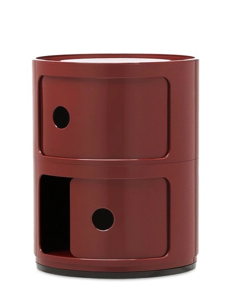 Roter Kartell Componibili Container mit zwei Elementen, runder Nachttisch aus Kunststoff für Schlafzimmer und Wohnzimmer.