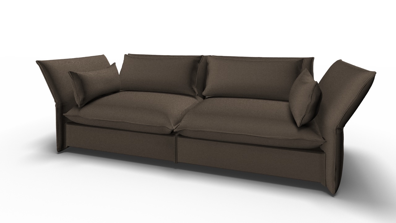 Braunes Mariposa Sofa, ein modernes 3-Sitzer Sofa mit verstellbaren Seitenteilen und Kissen.