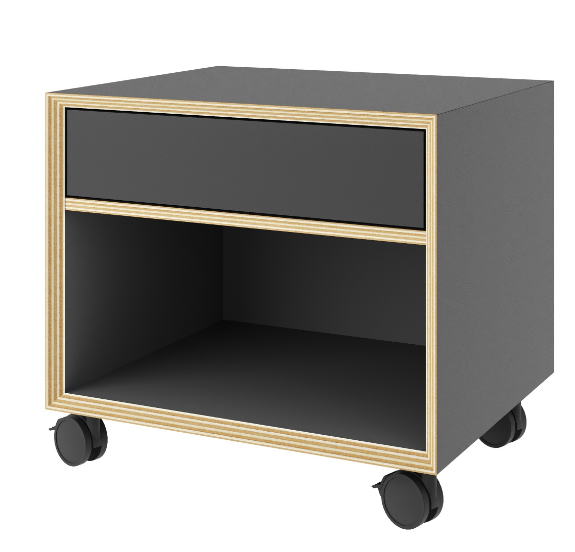 Vertiko Kommode von Müller Möbelwerkstätten, kleine graue Nachtkommode mit Schublade und Rollen für Schlafzimmer.