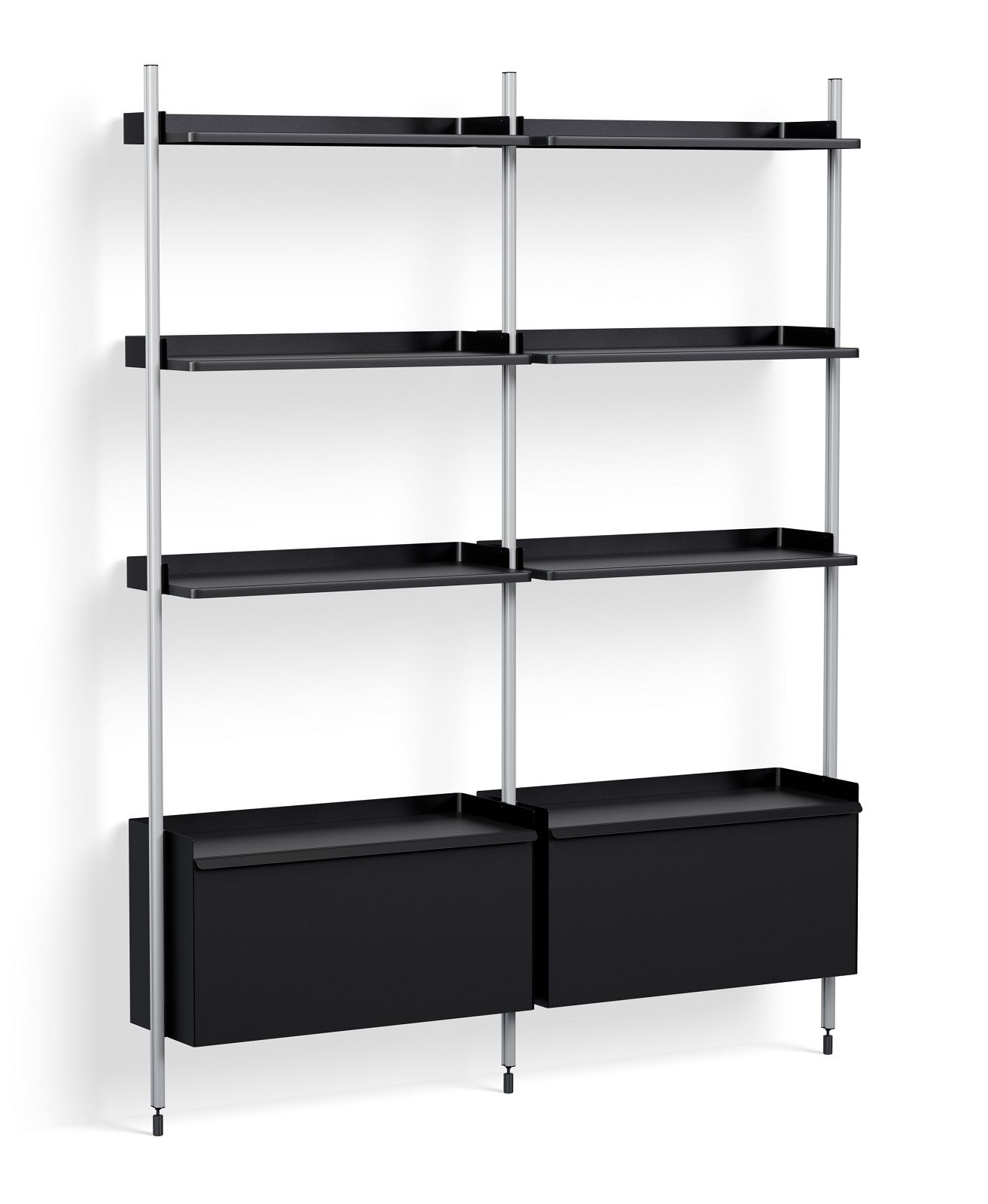 Pier System Regal von Hay, 2-spaltig, schwarz mit Aluminiumrahmen, modernes Regalsystem.