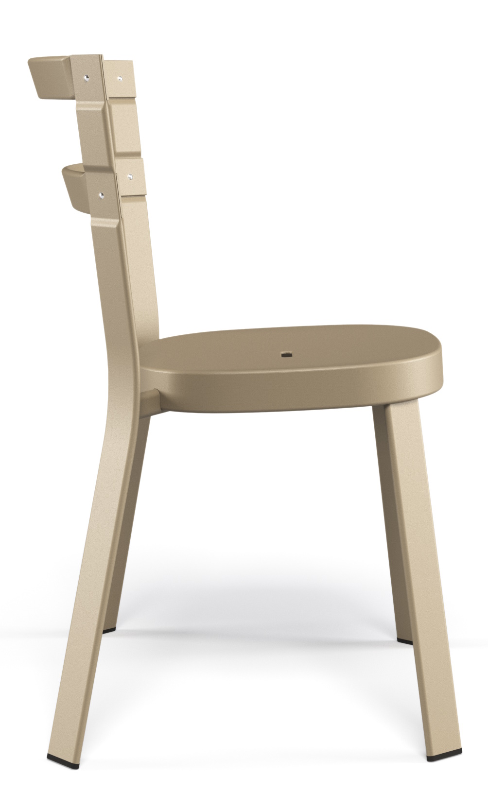 Thor Chair Stuhl Outdoor Emu, Seitenansicht, beiger Gartenstuhl aus Metall, modernes Design für Terrasse und Balkon.