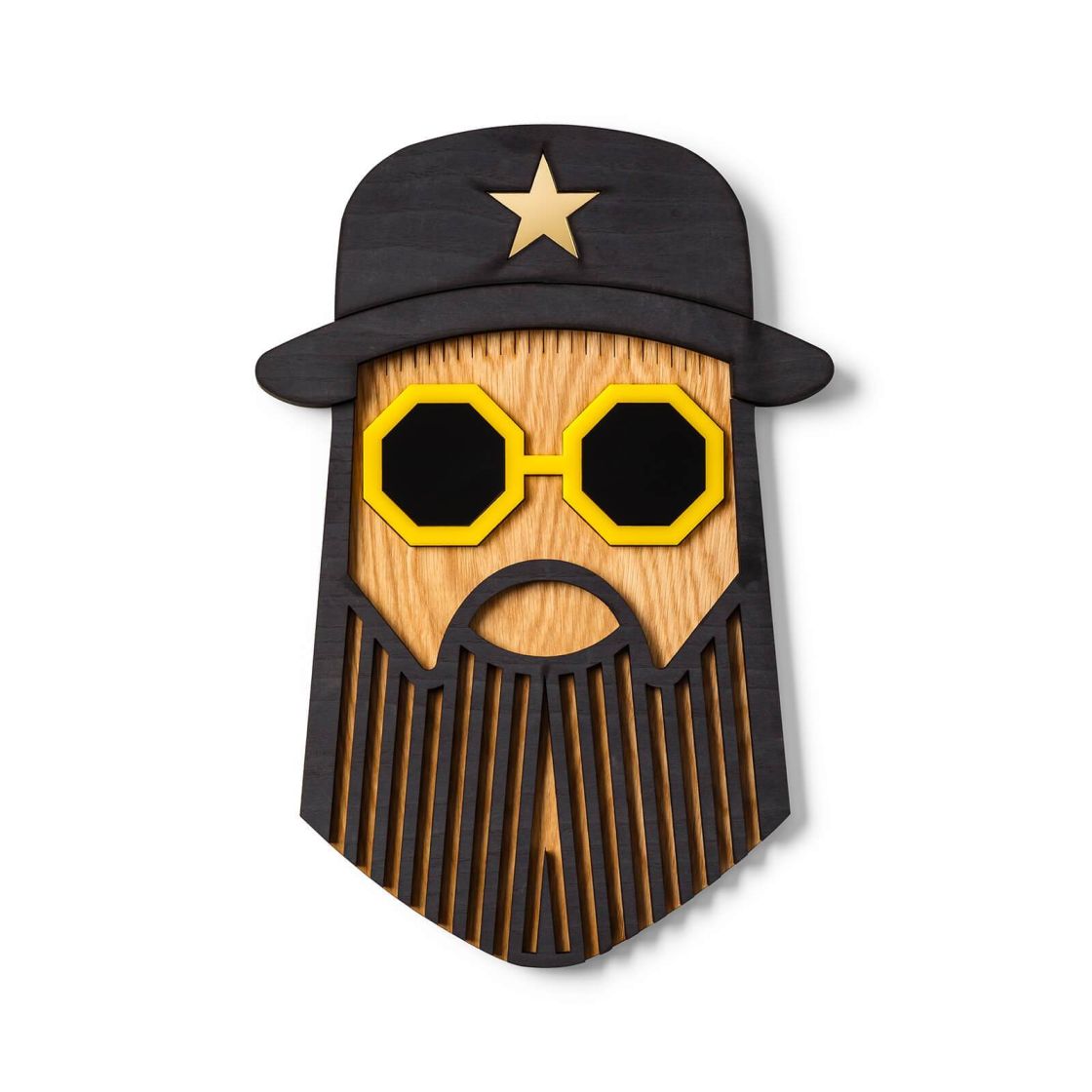 Hipster Morris Wandschmuck: Holzmaske mit Hut, Brille und Bart als moderne Wanddeko.