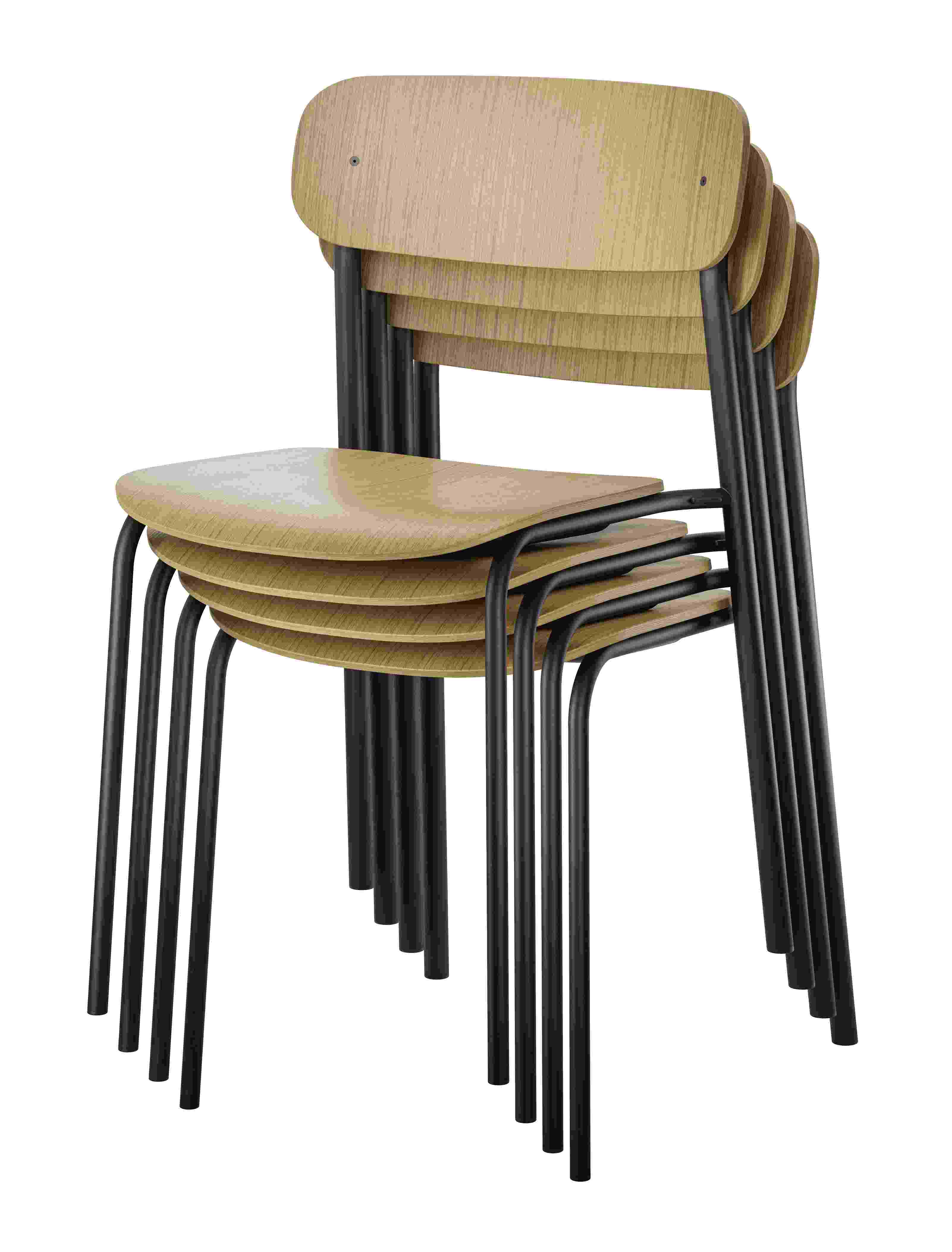 Stapel aus vier S 243 Thonet Stahlrohrstühlen in Olivgrün mit hellem Holz, minimalistisches Design.