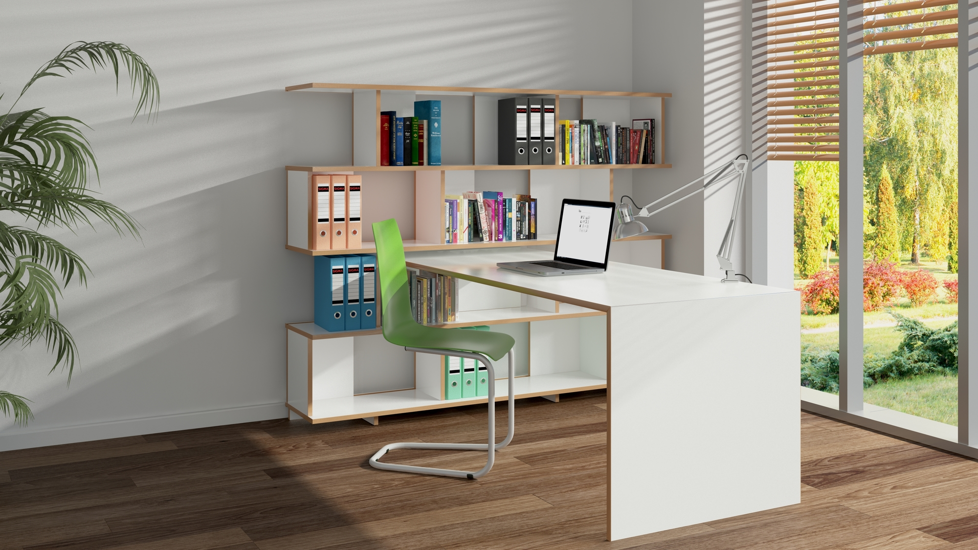 Anstell Tisch für Stell Regal Tojo: Weißer Schreibtisch mit Regal, Laptop und Büromaterial in modernem Arbeitszimmer.