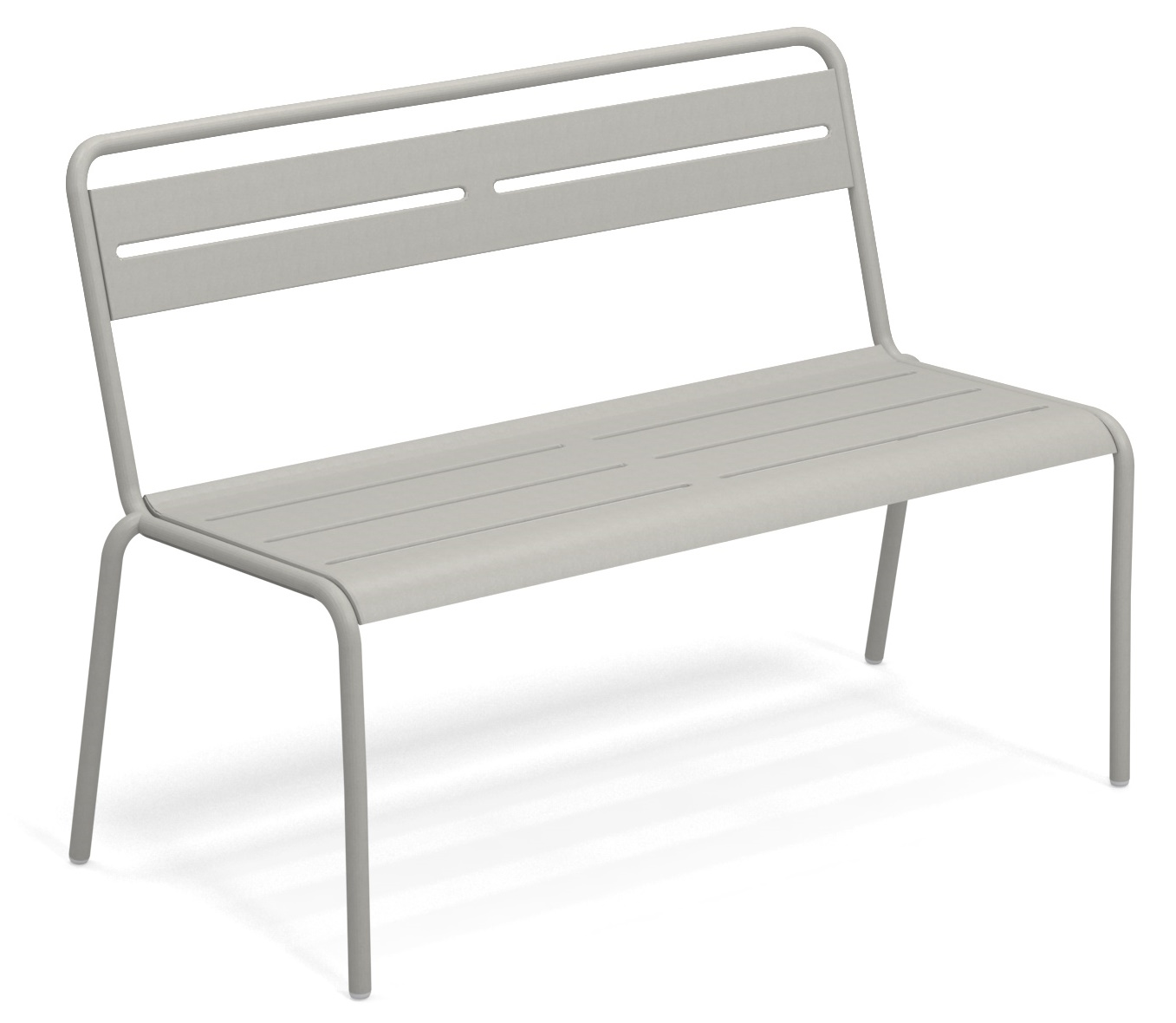 Graue Star Bench Bank von Emu für den Außenbereich, modernes Design mit Lattenstruktur und minimalistischem Stahlgestell.