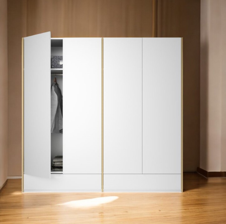 MODULAR PLUS Schrank von Müller Möbelwerkstätten: Weißer Doppelschrank mit zwei Schubladen, eine Tür geöffnet.