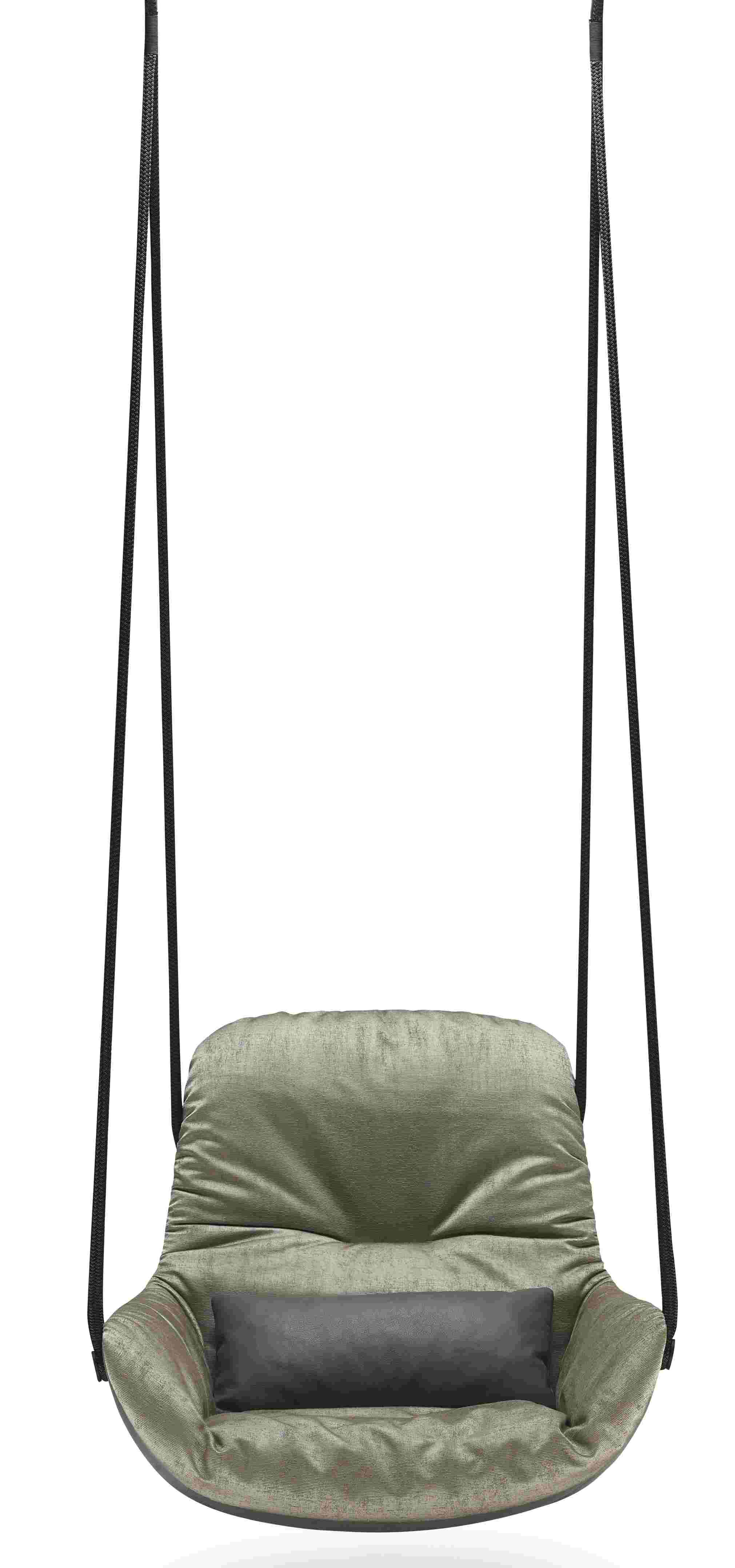 Leya Swing Seat: Grüner Hängesessel der Freifrau Manufaktur mit schwarzem Kissen und Seilen.