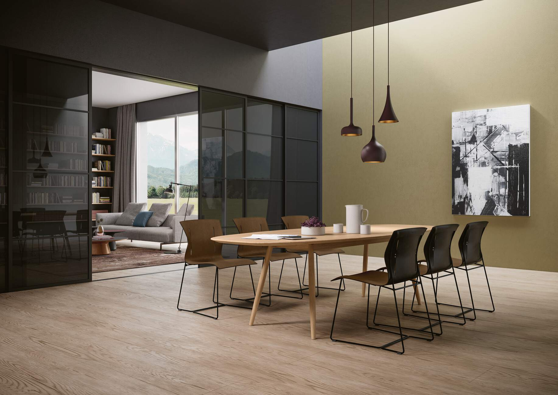 Esszimmer mit Walter Knoll Teppich, Holztisch, Stühlen und moderner Dekoration für stilvolles Wohnen.