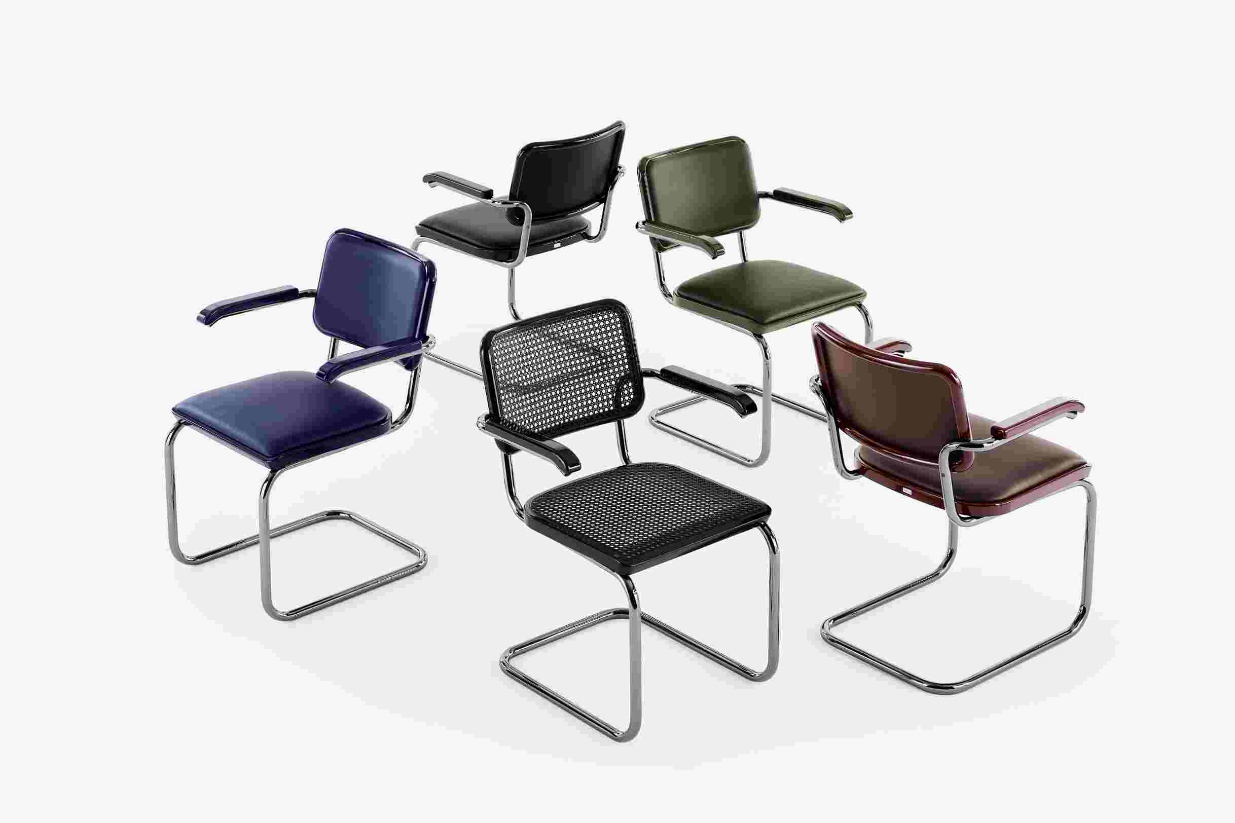 JS. Thonet S 64 V Freischwinger Stühle in verschiedenen Farben und Ausführungen mit Stahlrohrgestell.