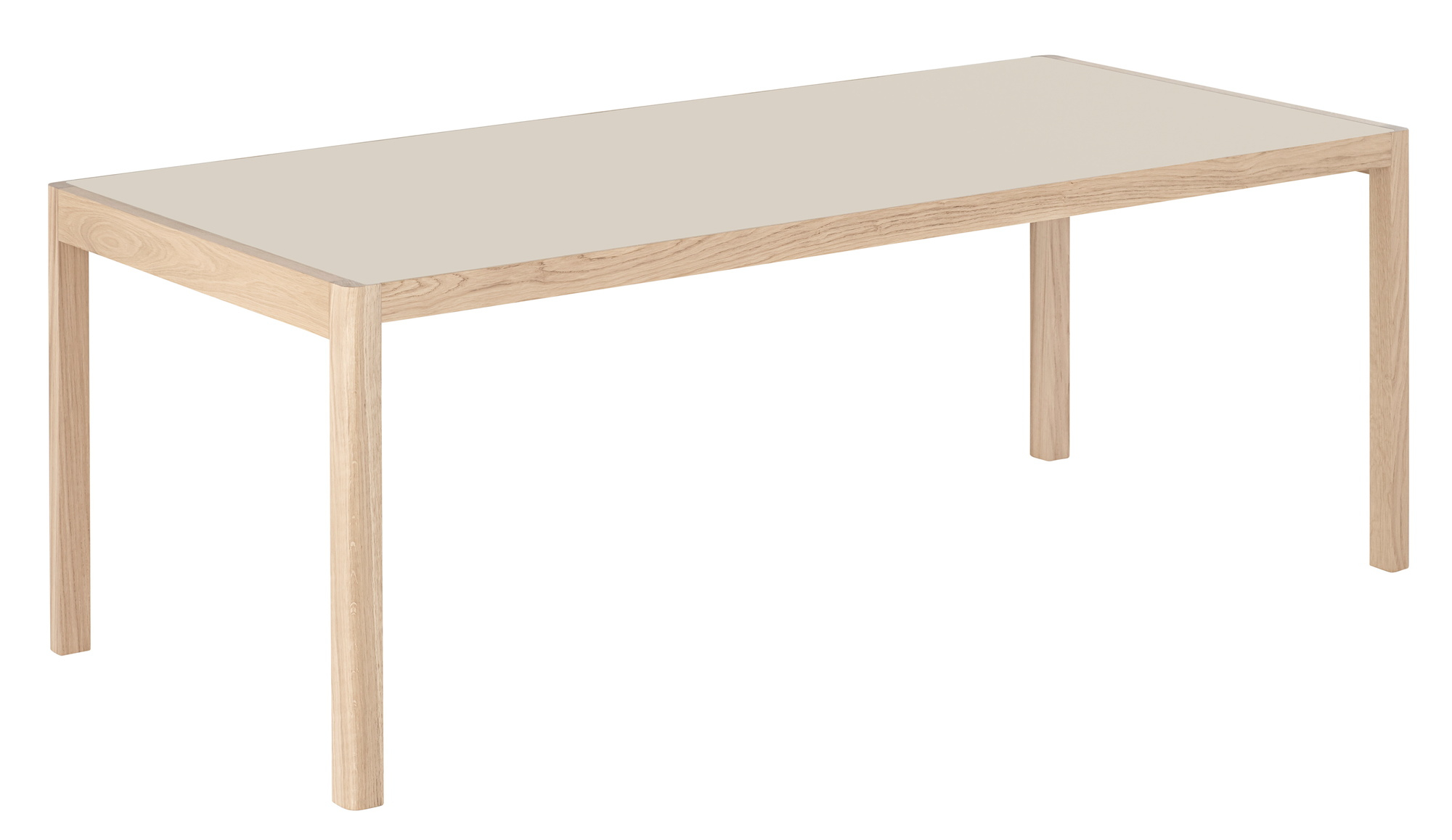 Muuto Workshop Table Tisch mit hellem Holzgestell und beiger Tischplatte, ideal für Büro und Homeoffice.